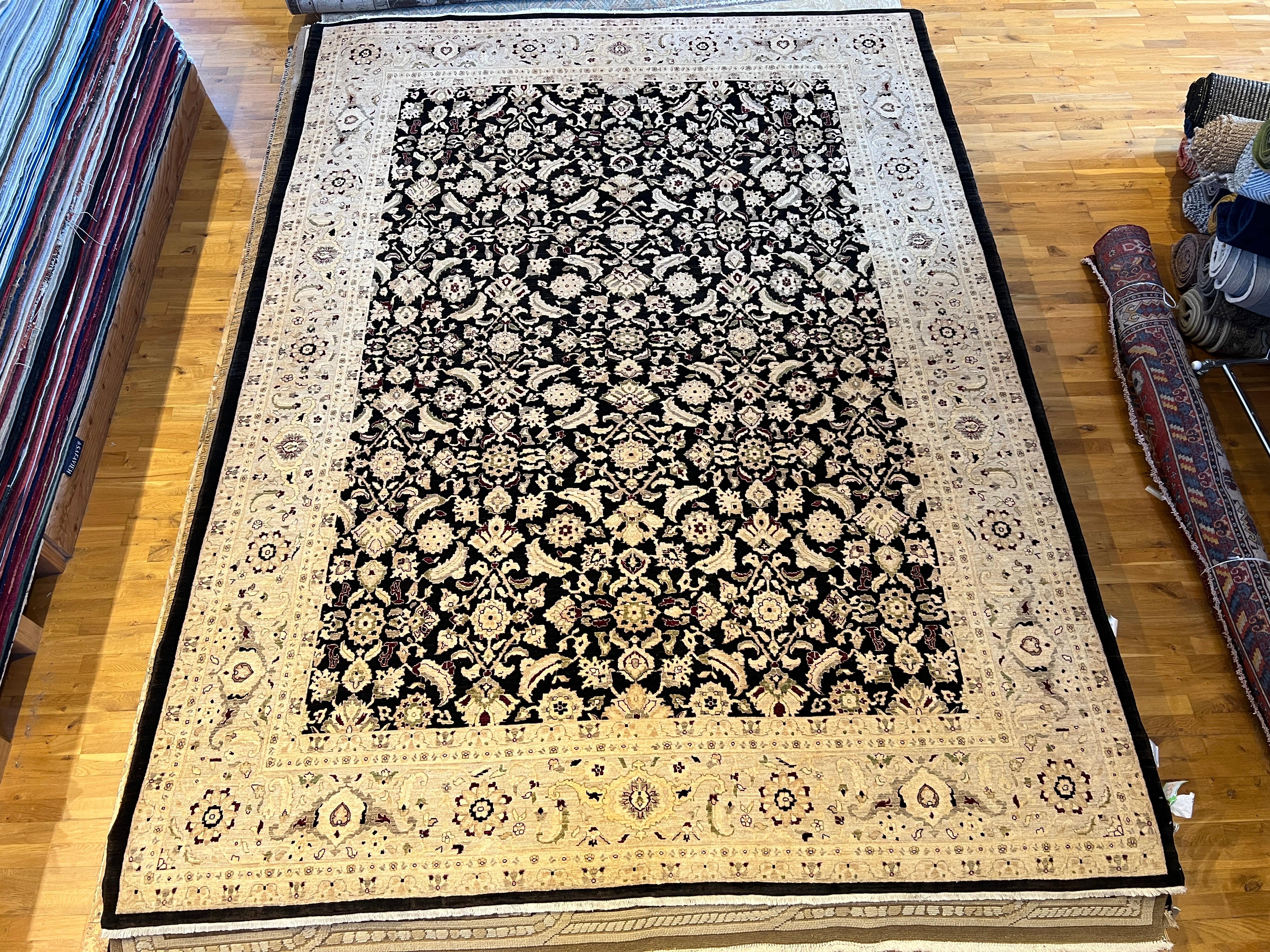 Hand-Knotted Black and Gold Intricate Floral Design Rug in 9'x12' For Sale