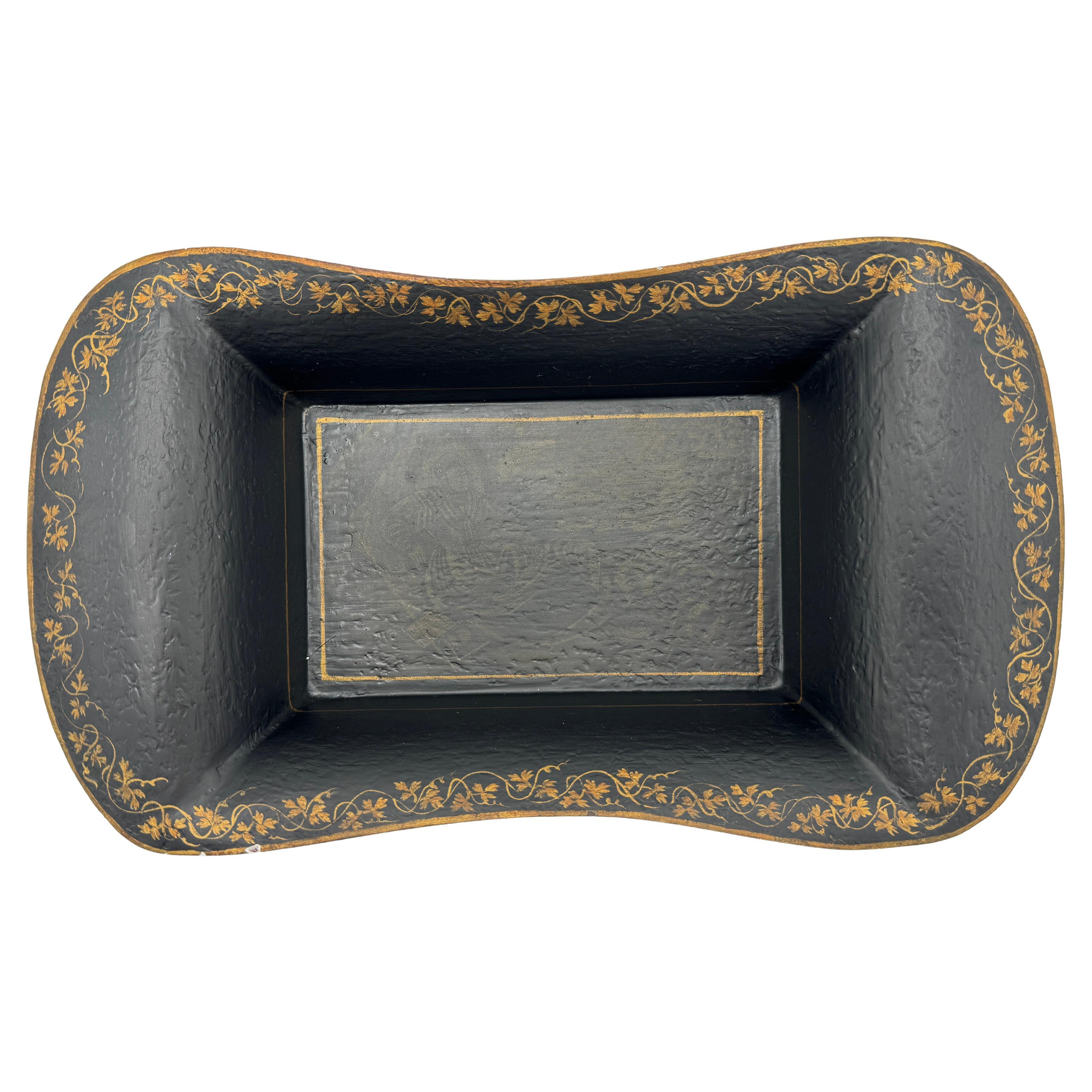 Black and Gold Italian Tole Bowl with Chinoiserie Scene For Sale