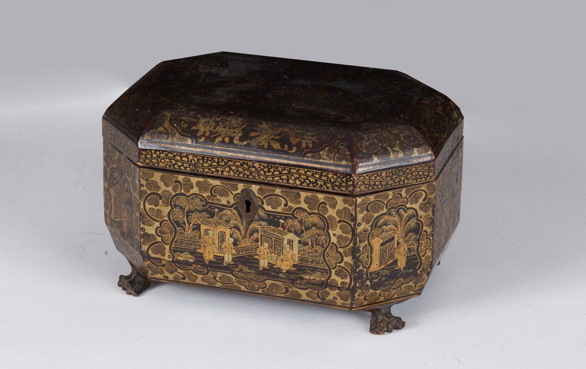 Chinese Export Black And Gold Lacquered Rectangular Tea Box