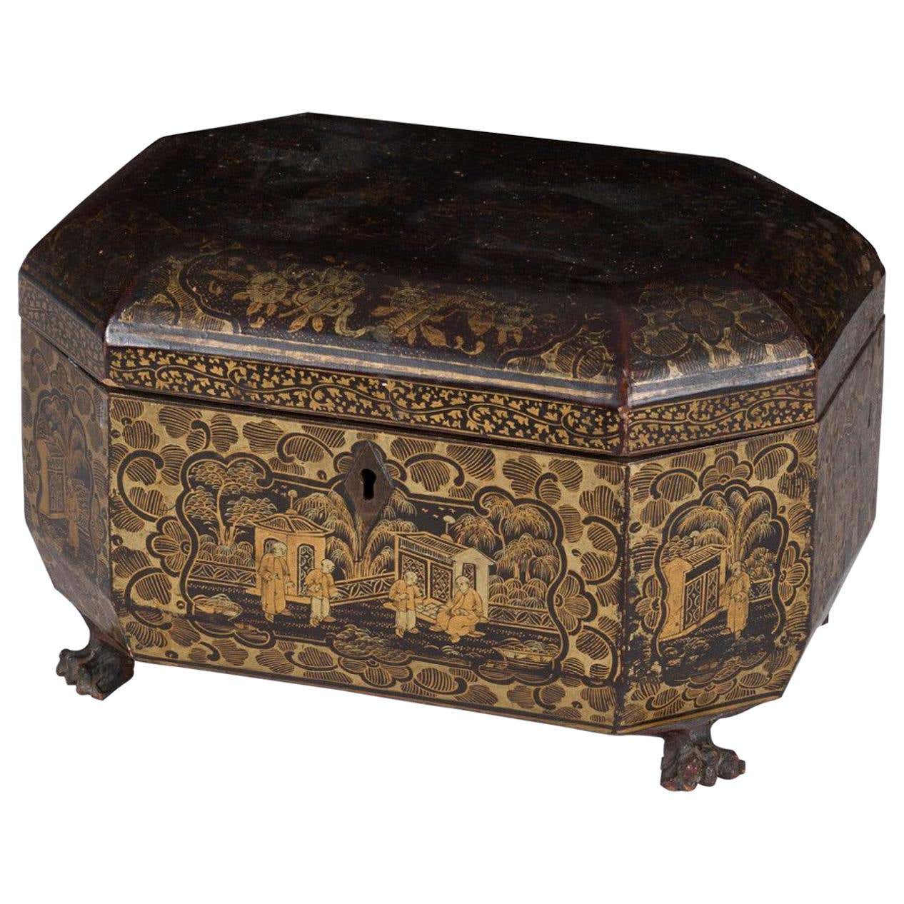 Rectangle Tea Box Black And Gold Lacquered Rectangular Tea Box For Sale at 1stDibs