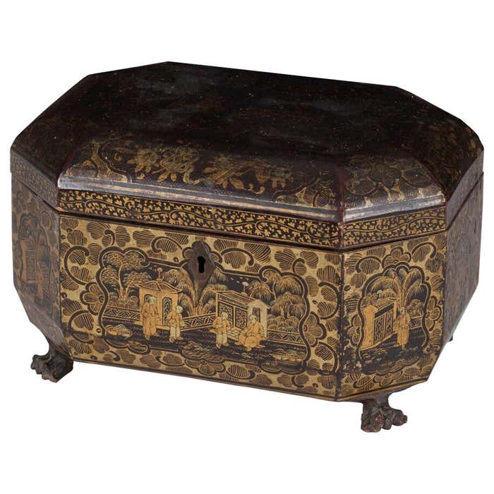 Black And Gold Lacquered Rectangular Tea Box For Sale at 1stDibs