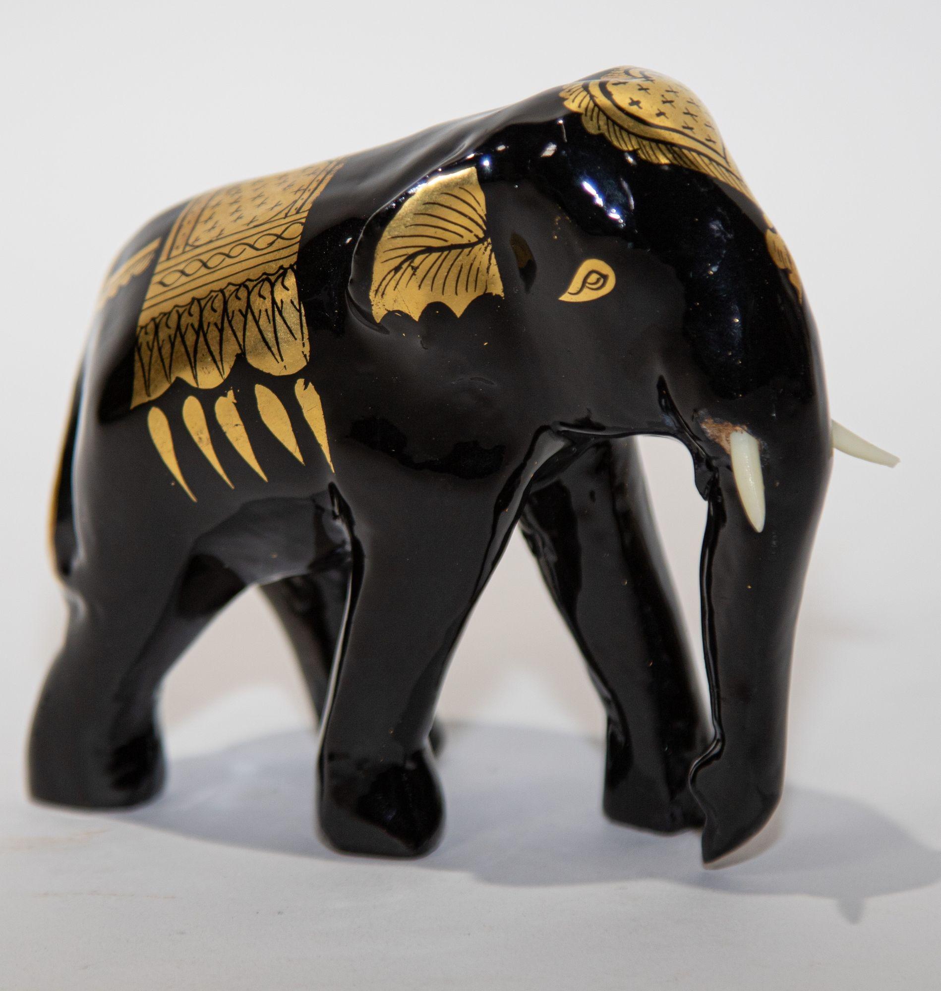Fruitwood Black and Gold Lacquered Thai Elephant Sculpture For Sale