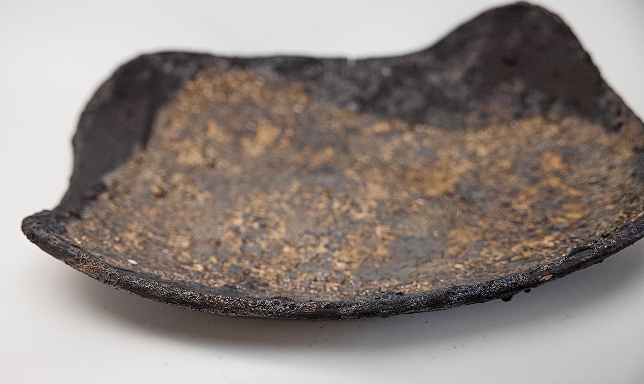 Organic Modern Black and Gold Large Low Stoneware Platter For Sale