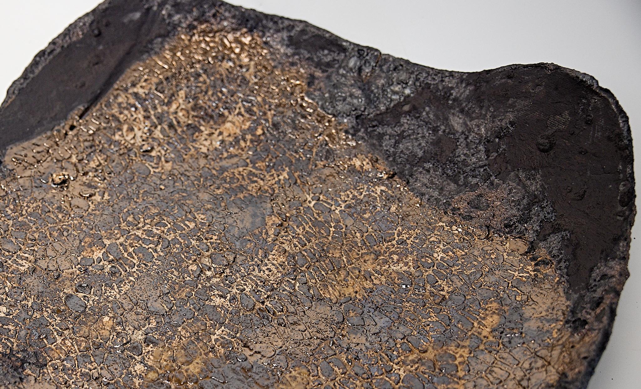 Glazed Black and Gold Large Low Stoneware Platter For Sale