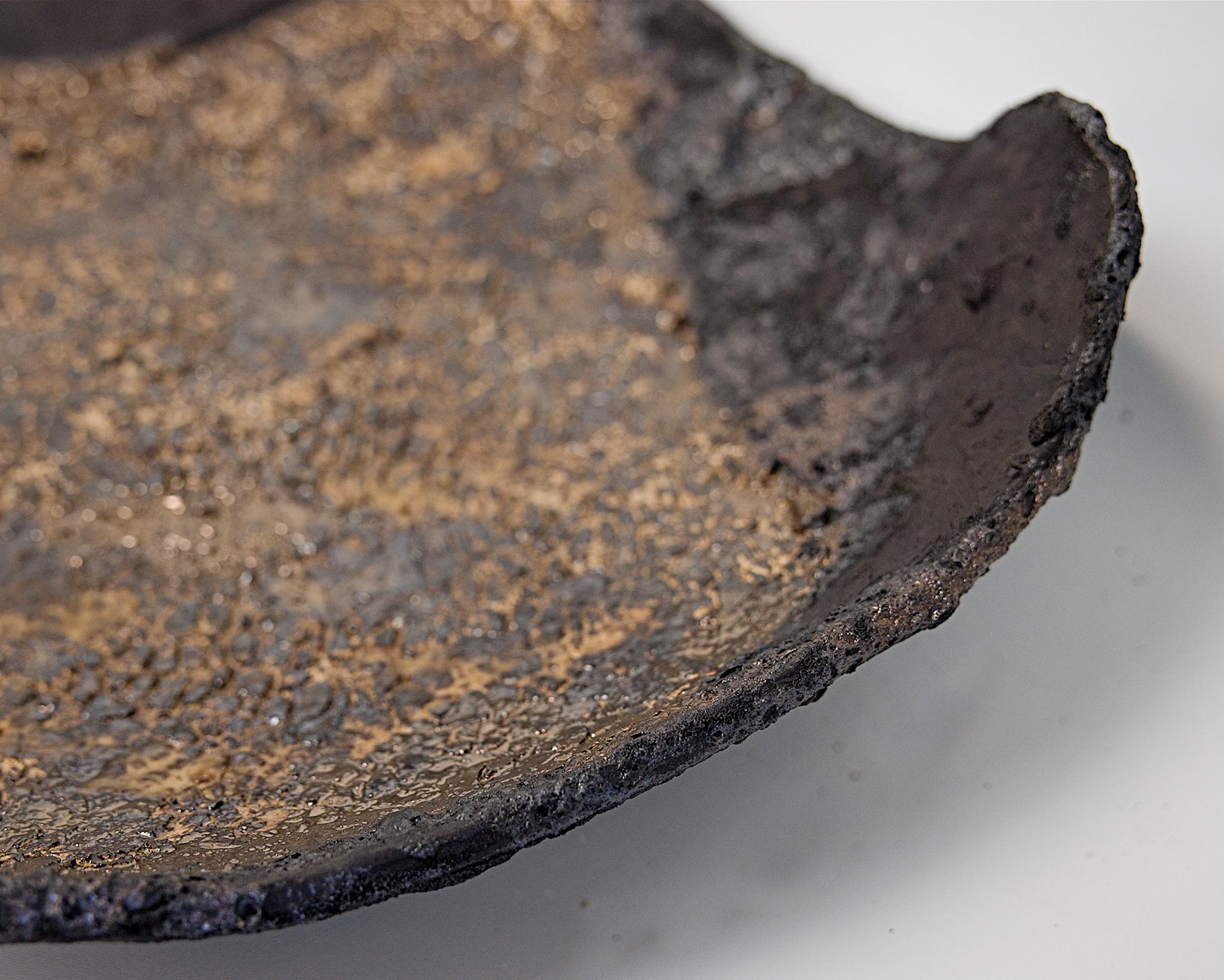 Ceramic Black and Gold Large Low Stoneware Platter For Sale