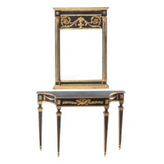 Black and Gold Louis XVI French Console Hall Table with Mirror