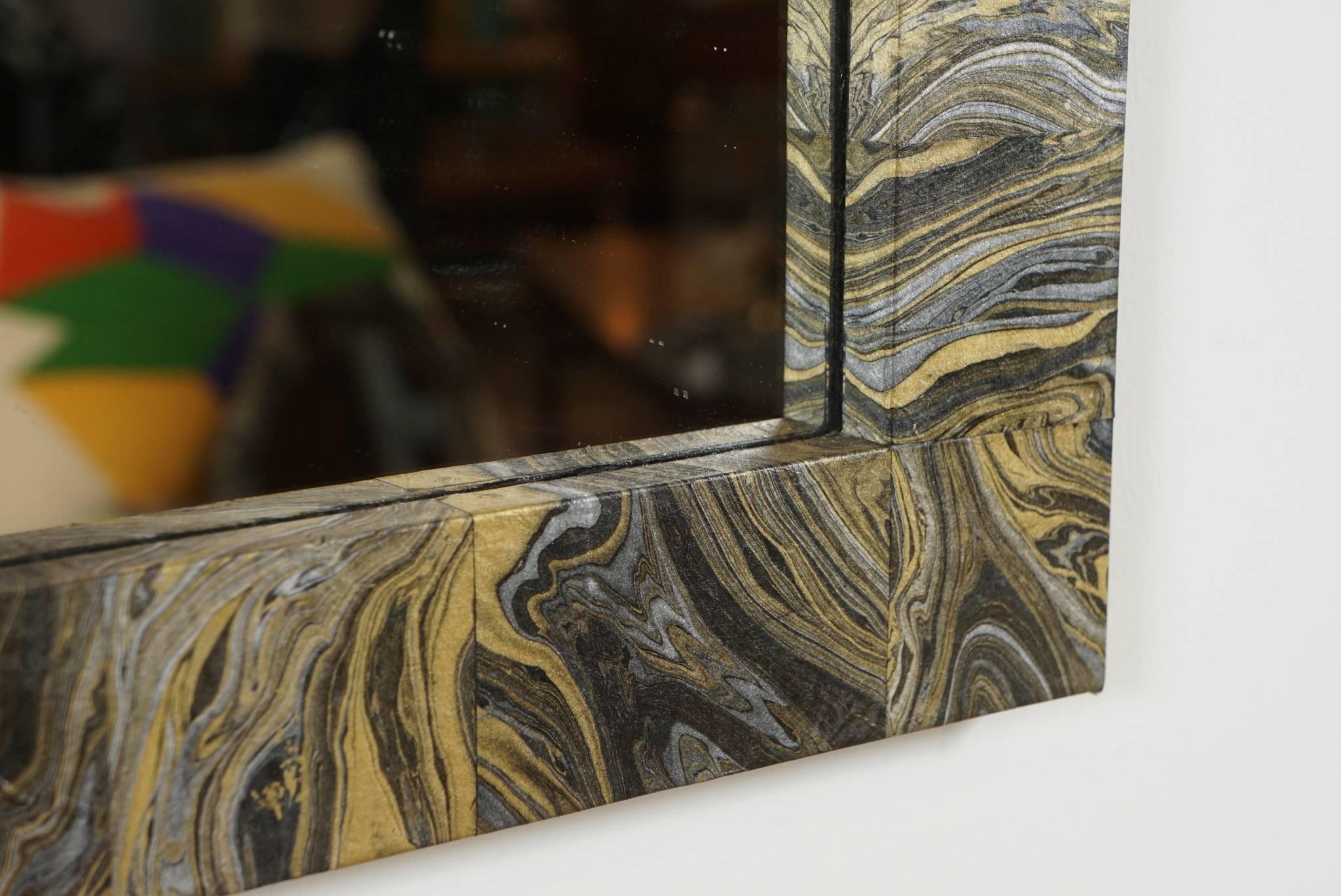 Contemporary Black and Gold Marbleized Mirror For Sale