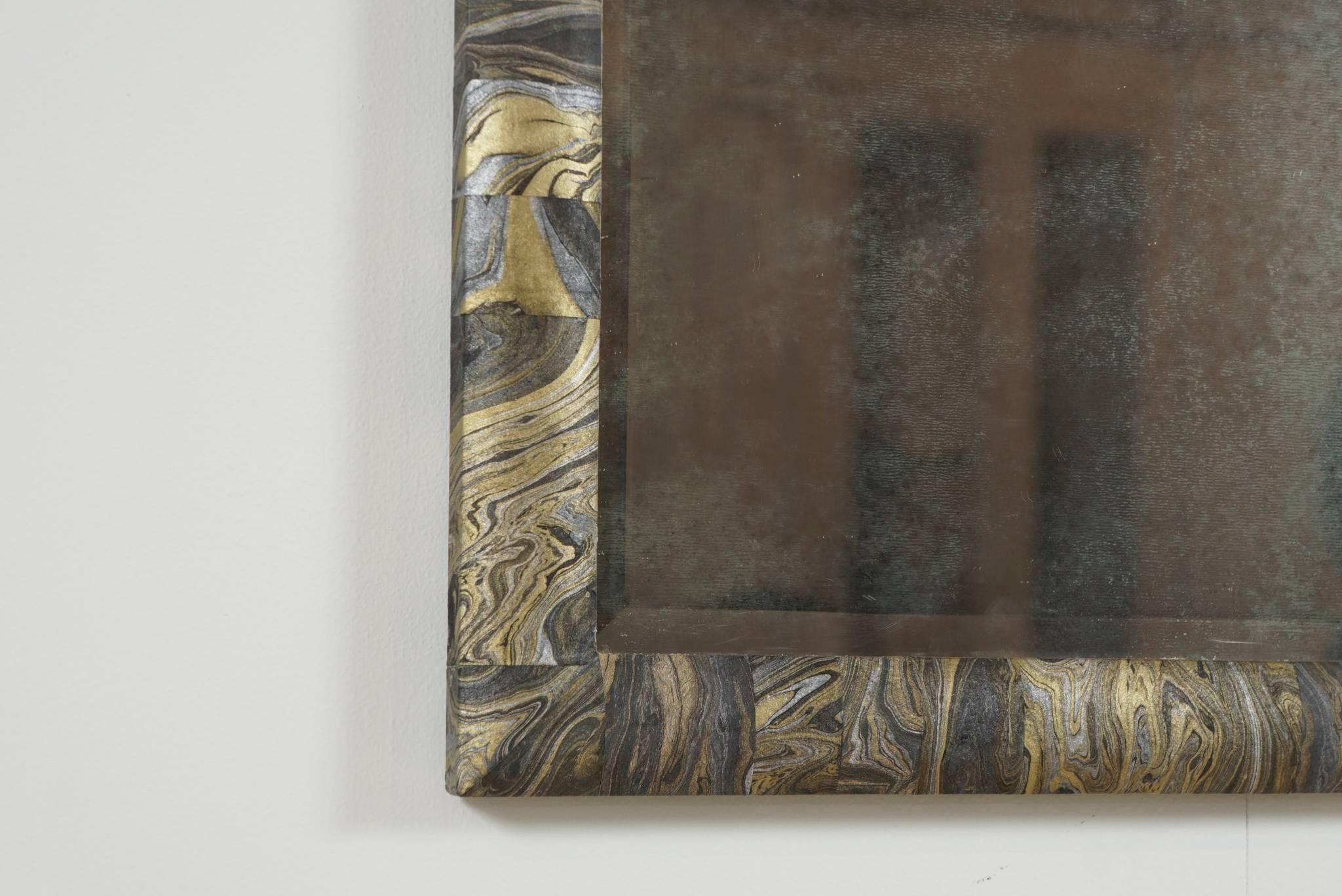 Contemporary Black and Gold Marbleized Mirror For Sale