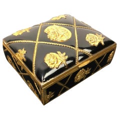 Used Black and Gold Metal Box with Roses for Jewelry Box or Trinket Box 