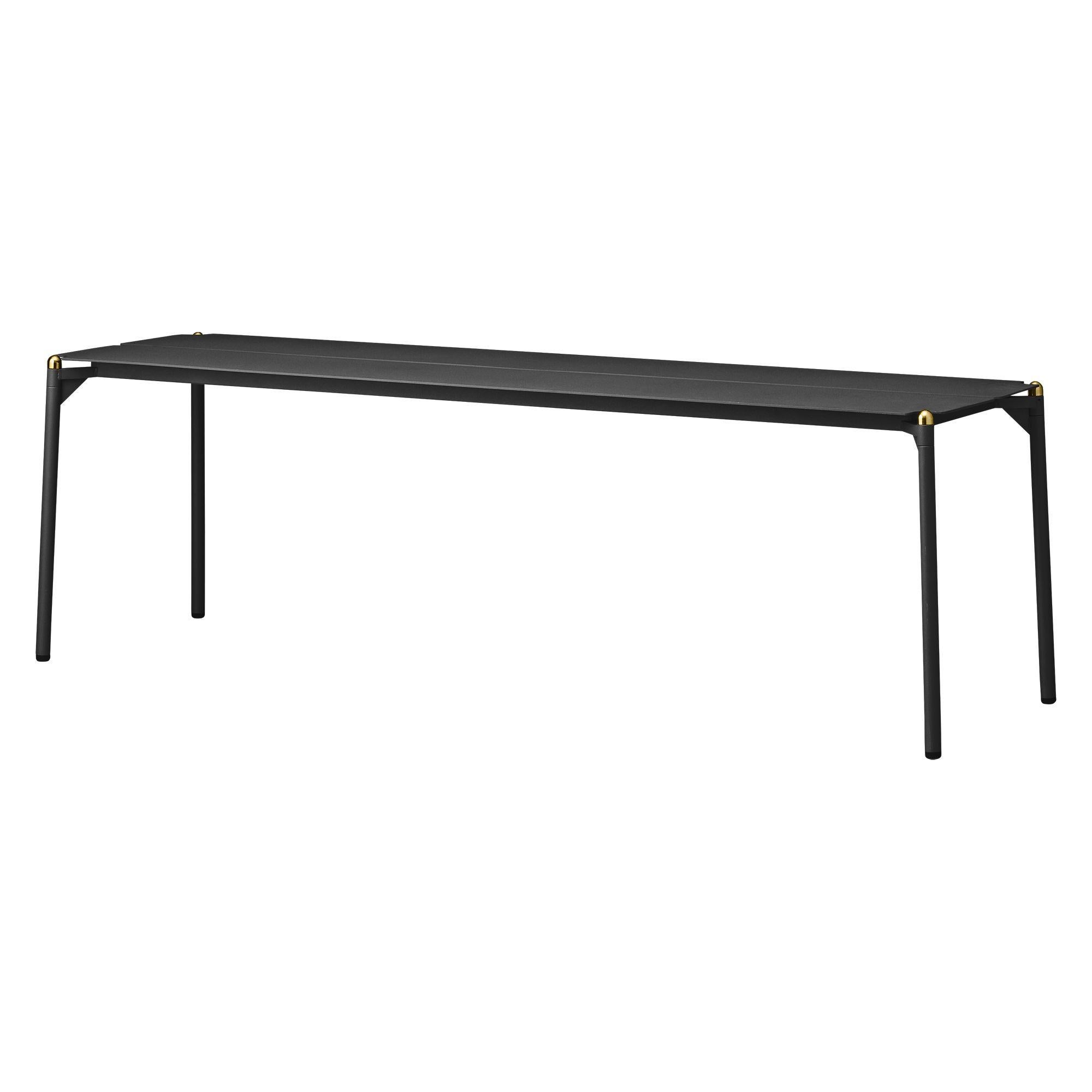 Black and gold minimalist bench
Dimensions: D 145 x W 43.3 x H 45.5 cm 
Materials: Steel w. Matte powder coating & aluminum w. Matte powder coating.
Available in colors: Taupe, bordeaux, forest, ginger bread, black and, black and gold. 

With