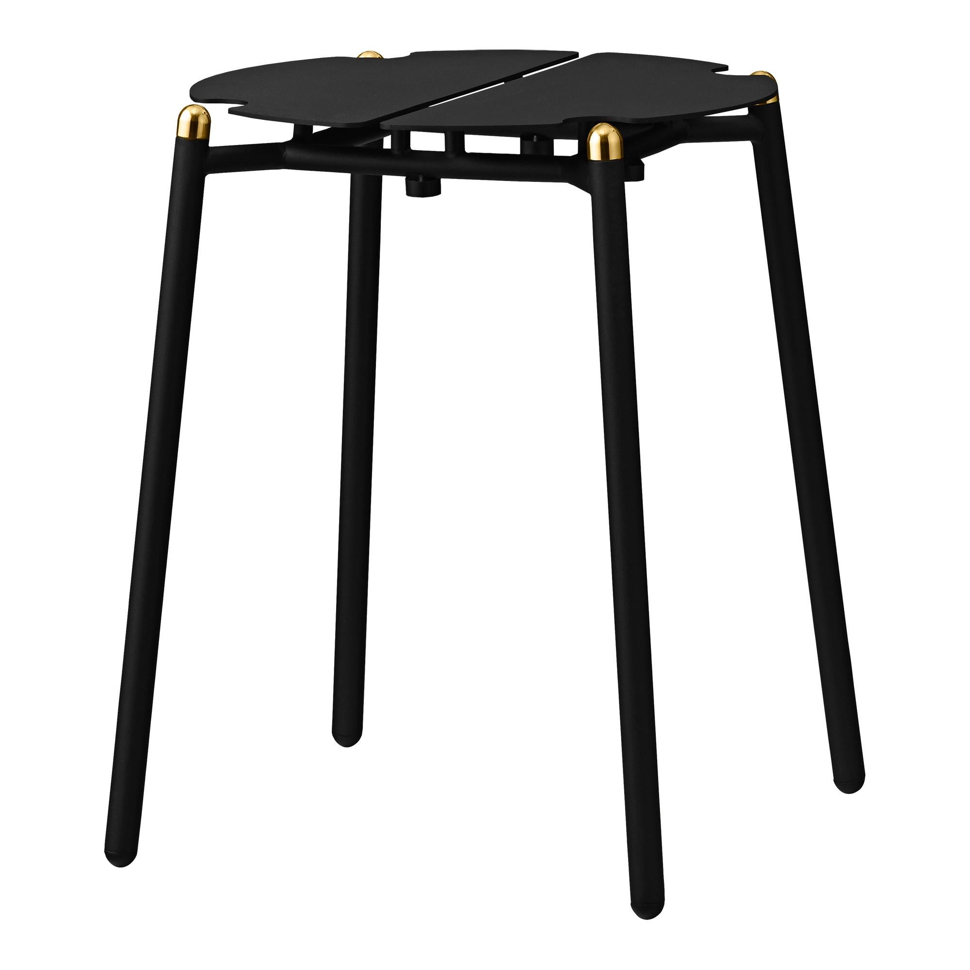 Black and Gold Minimalist stool 
Dimensions: Diameter 35 x H 45 cm 
Materials: Steel w. Matte Powder Coating, Aluminum w. Matte Powder Coating & Stainless Steel w. Gold Titanium Plating.
Available in colors: Taupe, Bordeaux, Forest, Ginger Bread,