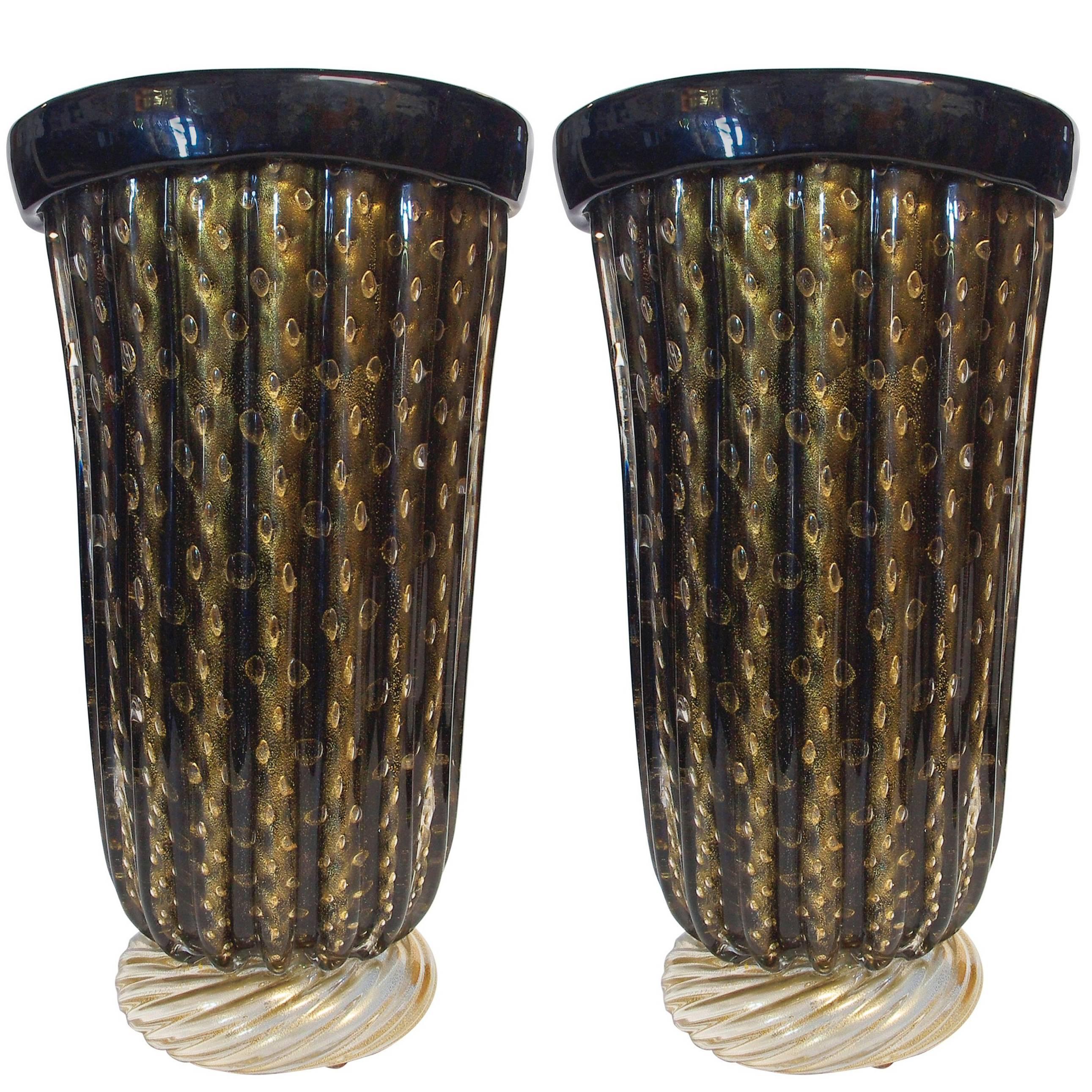 Murano Glass Black and Gold Murano Vases by Pino Signoretto