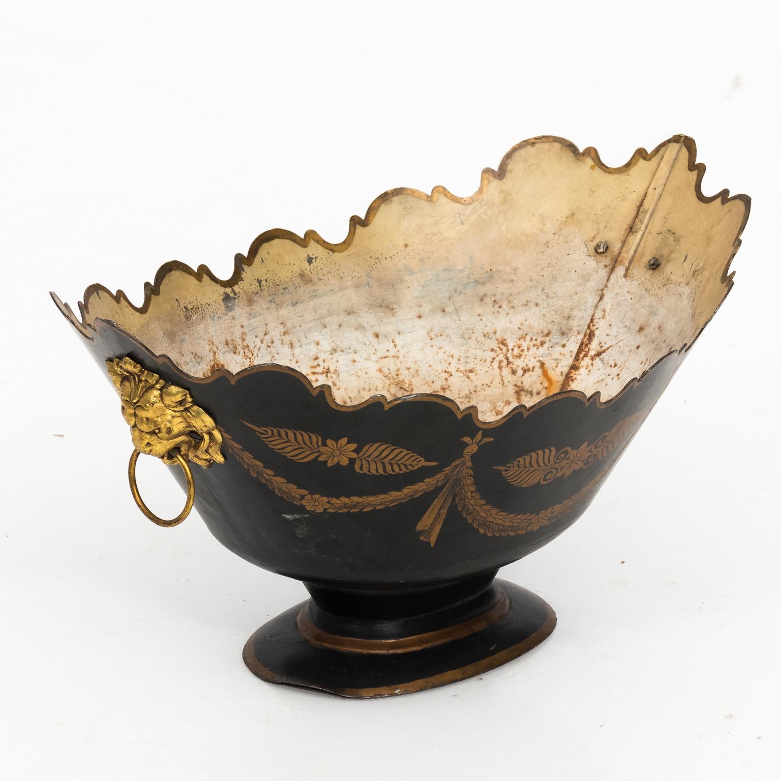 Neoclassical Black and Gold Painted Tole Cache Pot