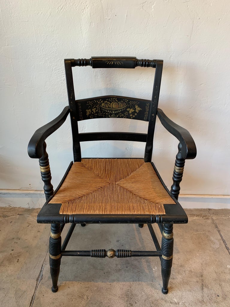 Black and Gold Painted Wooden Hitchcock Chairs with Rush Seats at 1stDibs