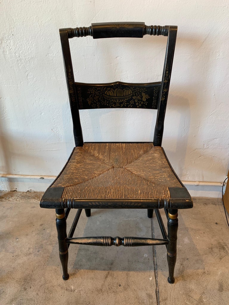 Black And Gold Painted Wooden Hitchcock Chairs With Rush Seats At 1stdibs