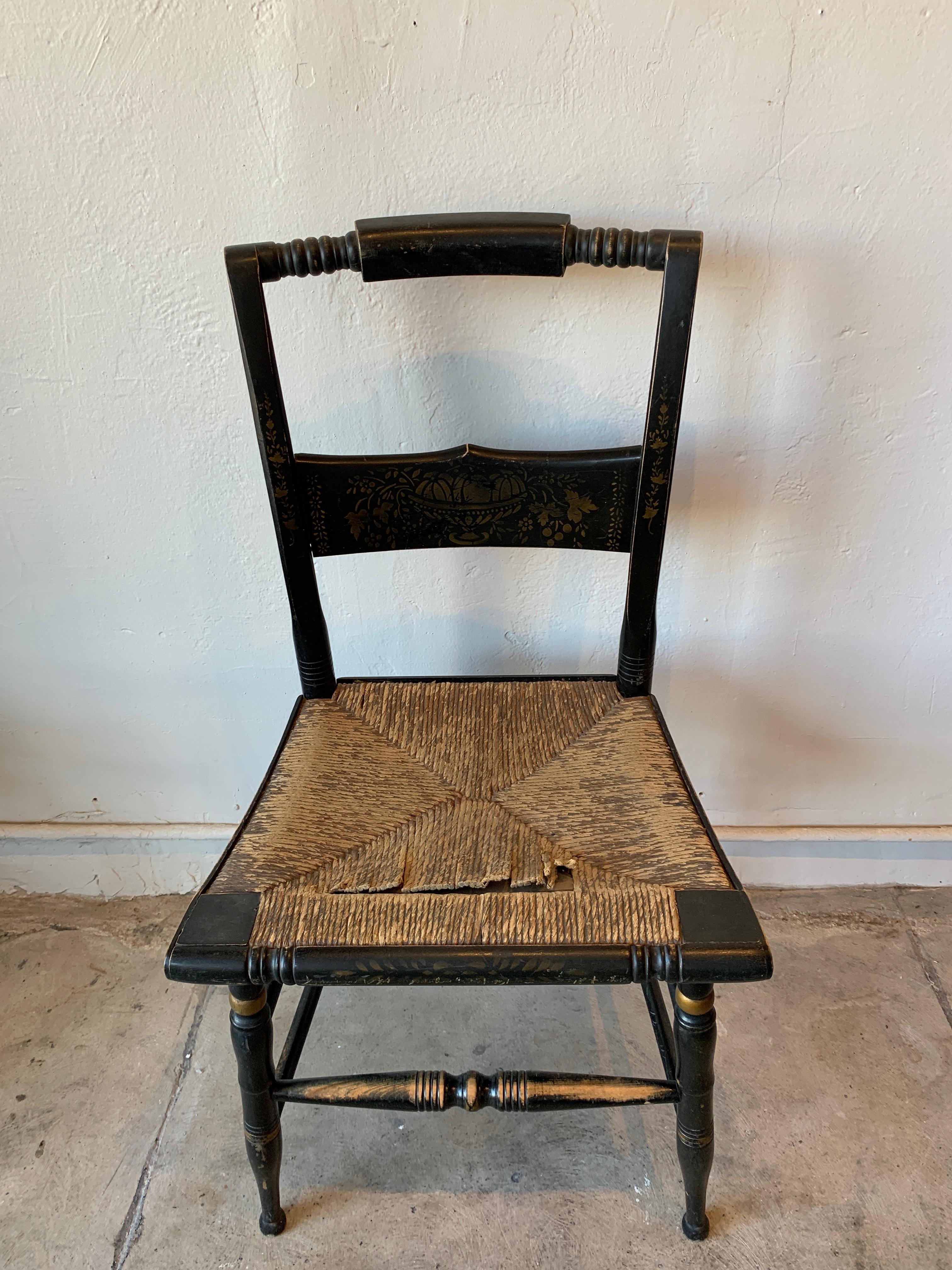 American Black and Gold Painted Wooden Hitchcock Chairs with Rush Seats