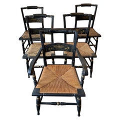 Black and Gold Painted Wooden Hitchcock Chairs with Rush Seats