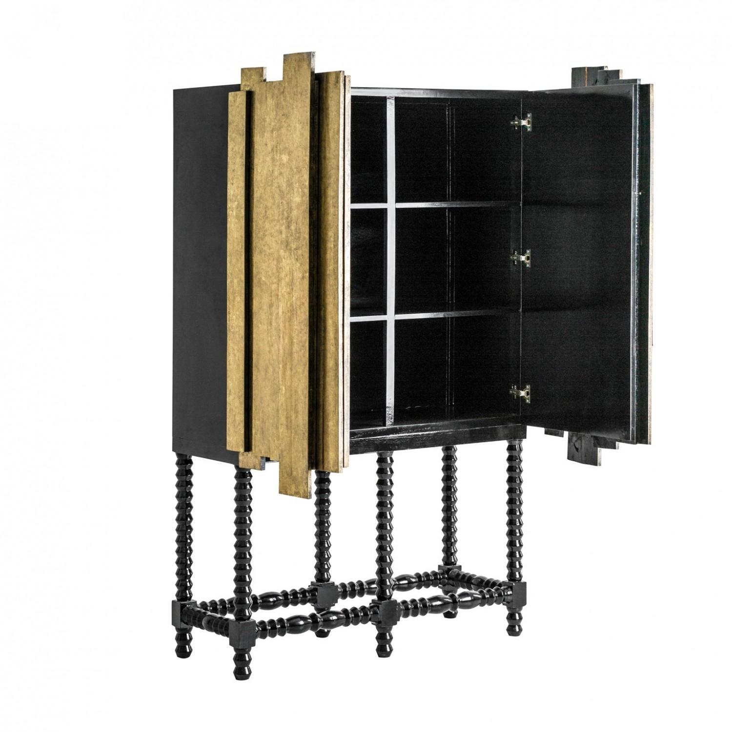 Black and gold wooden cabinet, destructured lines, nice work of the legs.