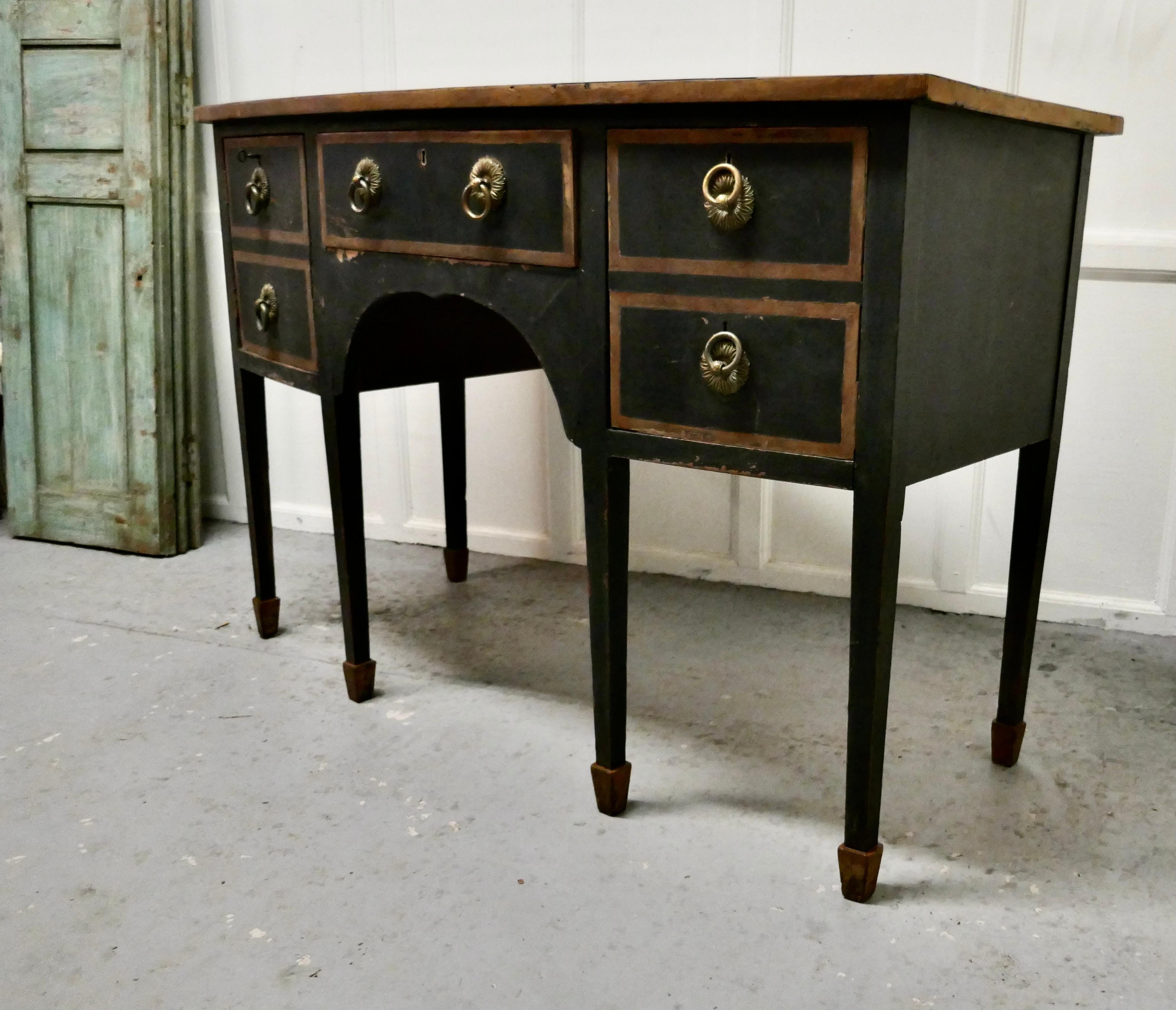 Black and Gold Regency Bow Front Serving Table, with Cellerette In Distressed Condition For Sale In Chillerton, Isle of Wight