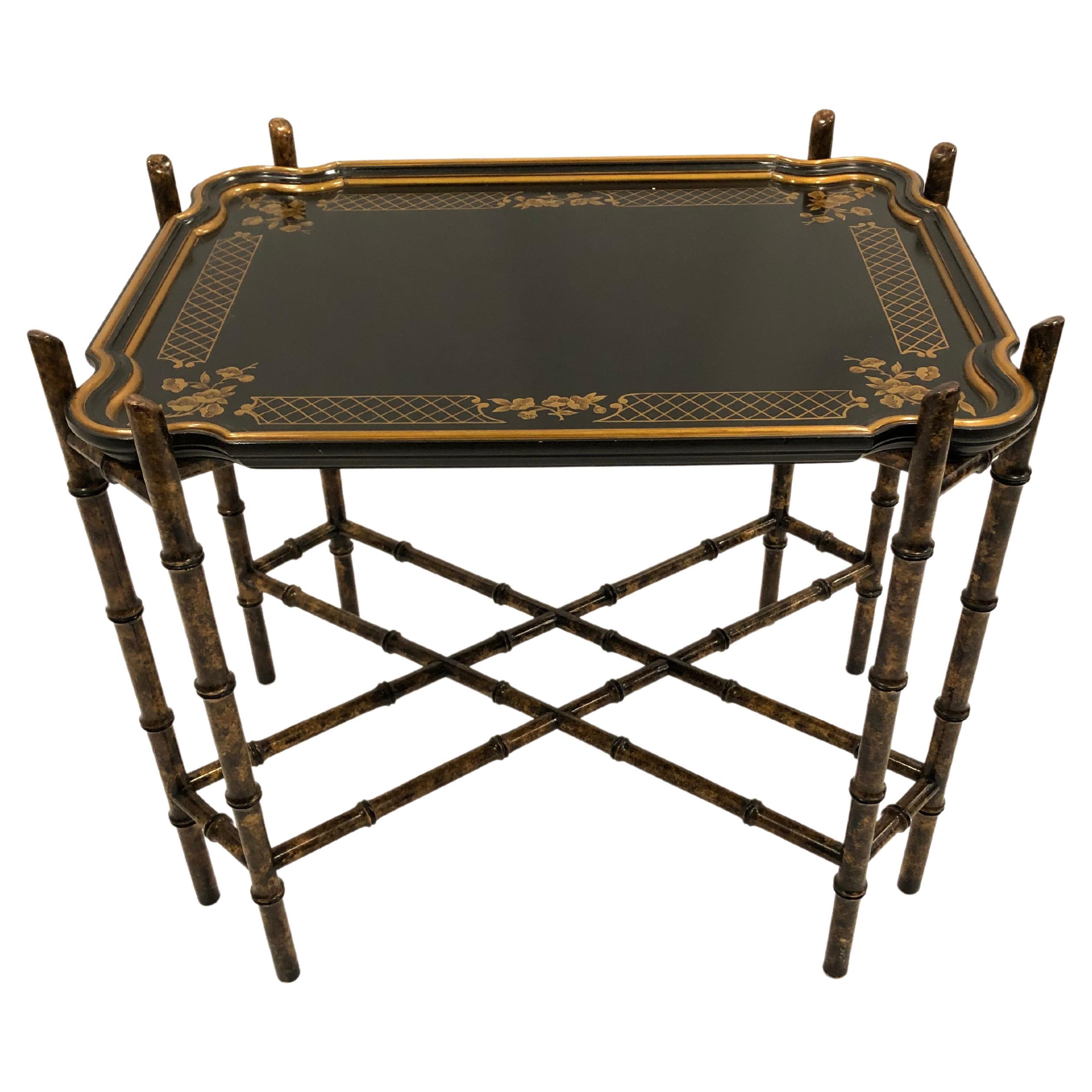 Black and Gold Regency Style Bamboo and Tray Top Coffee Table For Sale