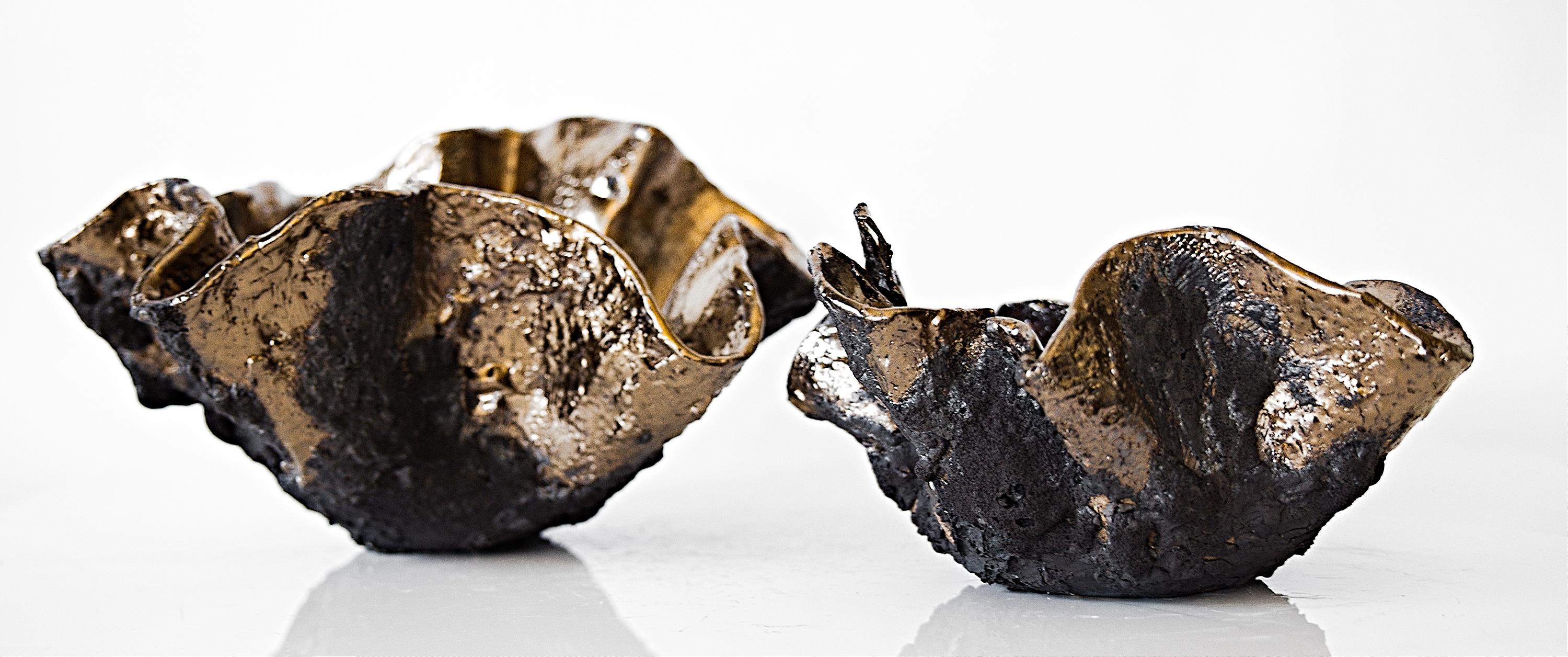 Grès Bol en céramique sculpté noir et or style libre texturé - 10