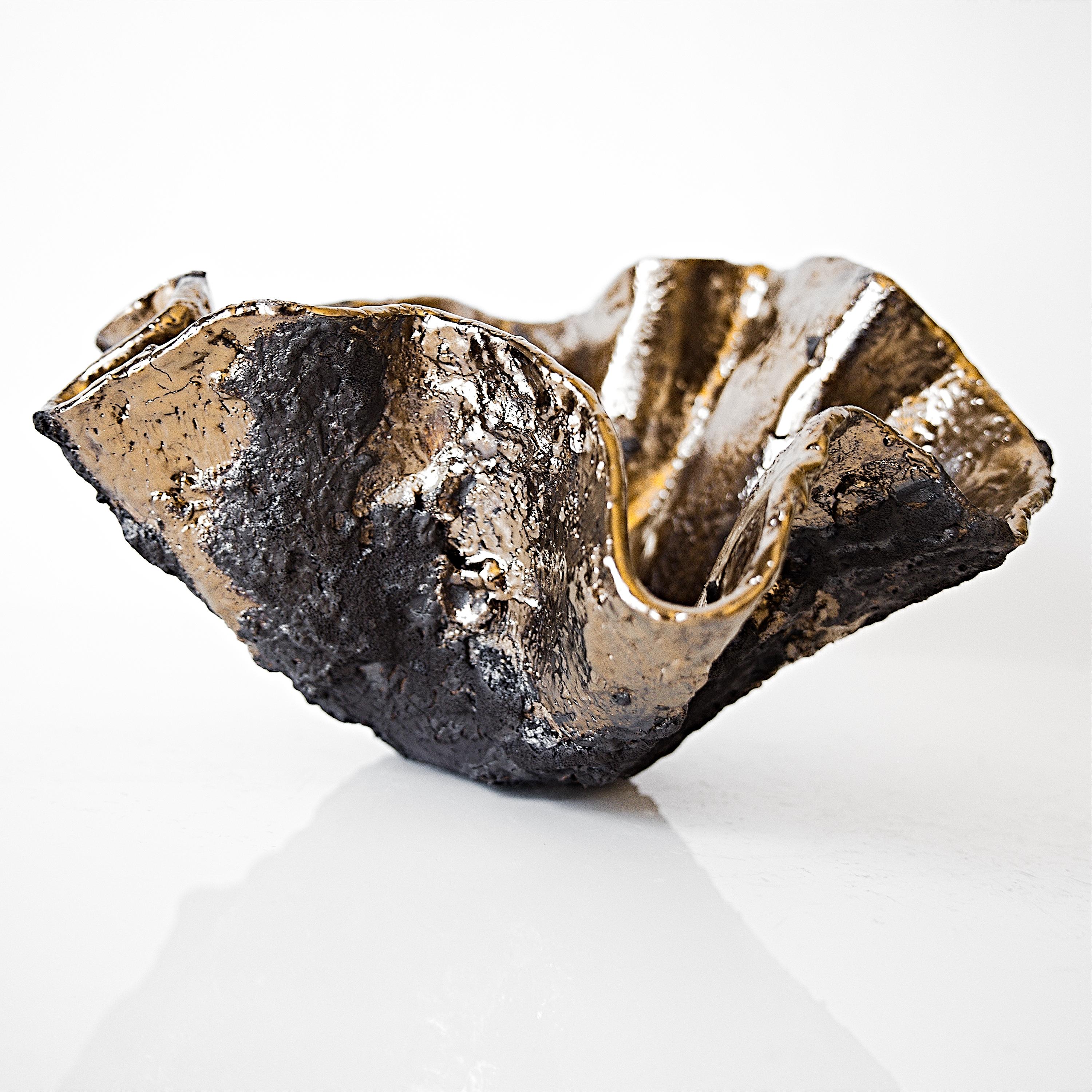 Fait main Noir  Bol en céramique sculptée et dorée style libre Texture - 13