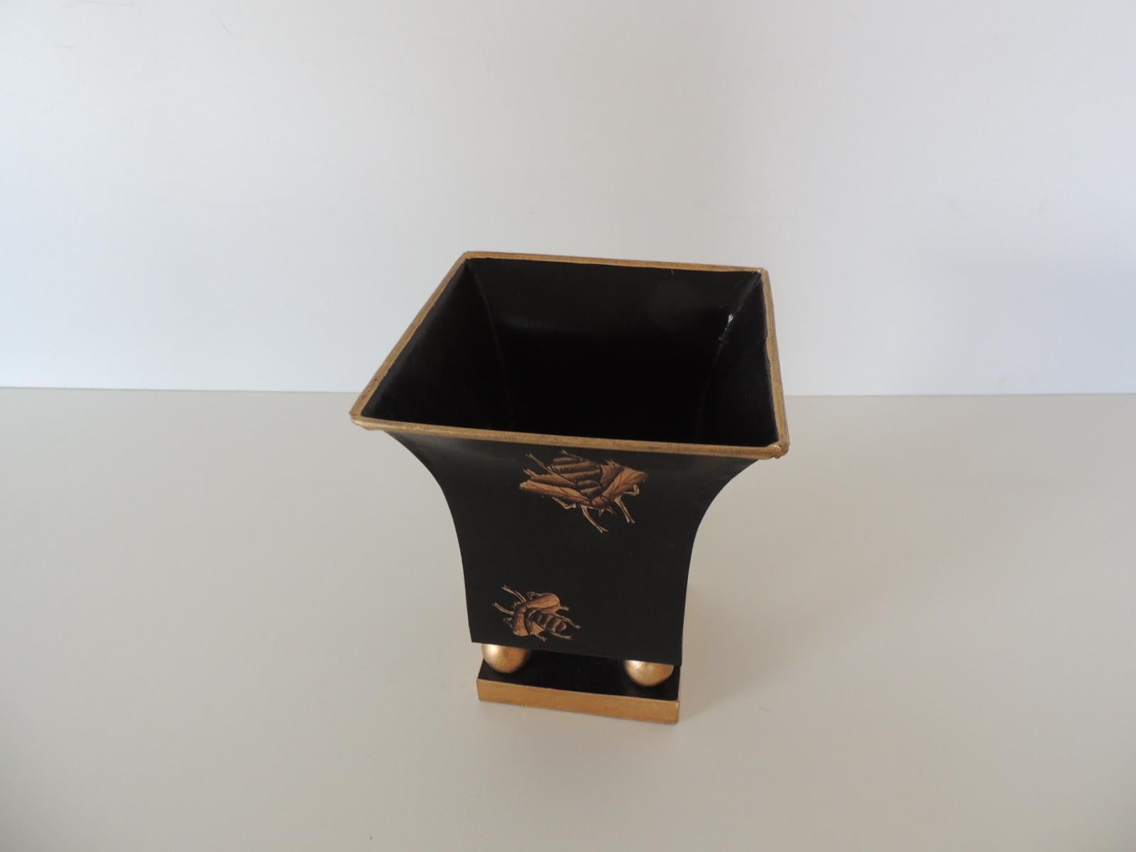 Chinese Black and Gold Tole Petite Catchpot with Bees