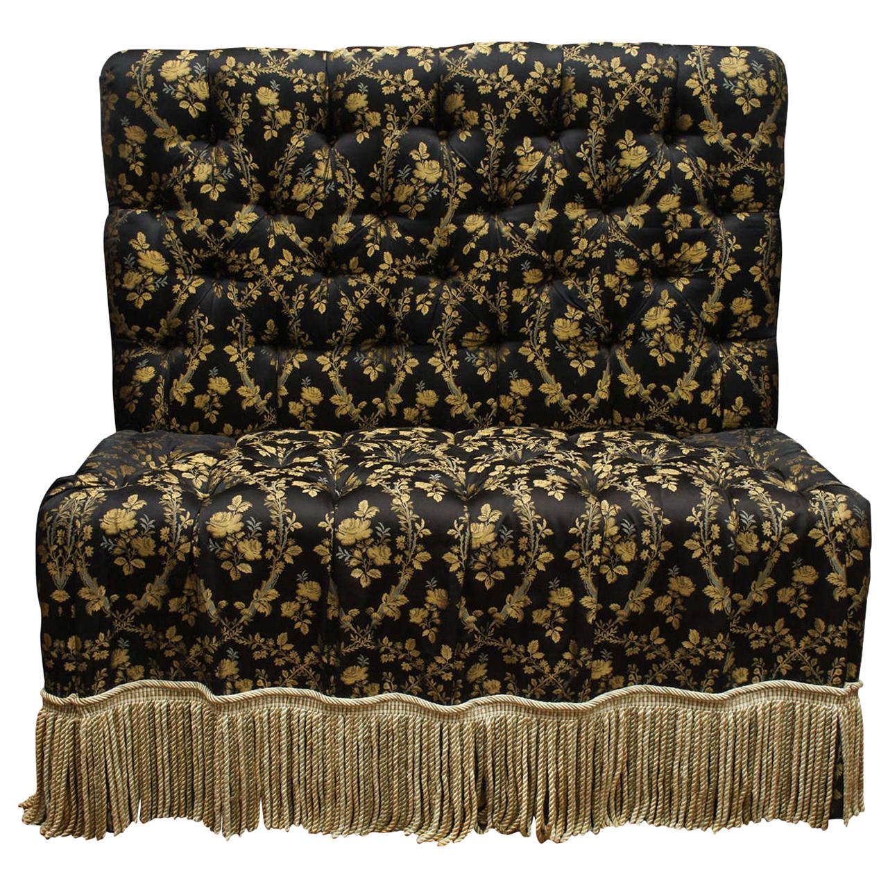 Black and Gold Tufted and Upholstered Victorian Style Banquette For Sale
