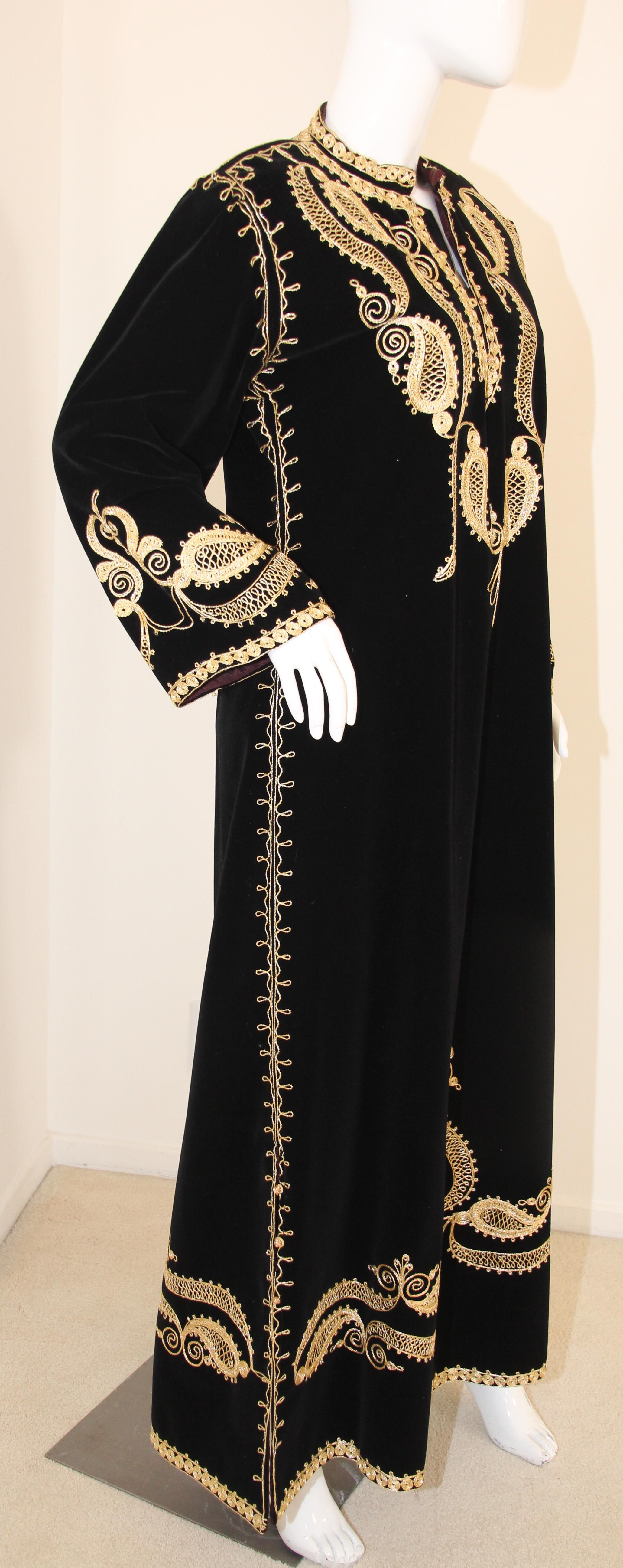 Black and Gold Velvet Bindali Vintage Moroccan Caftan Maxi Dress Kaftan 8