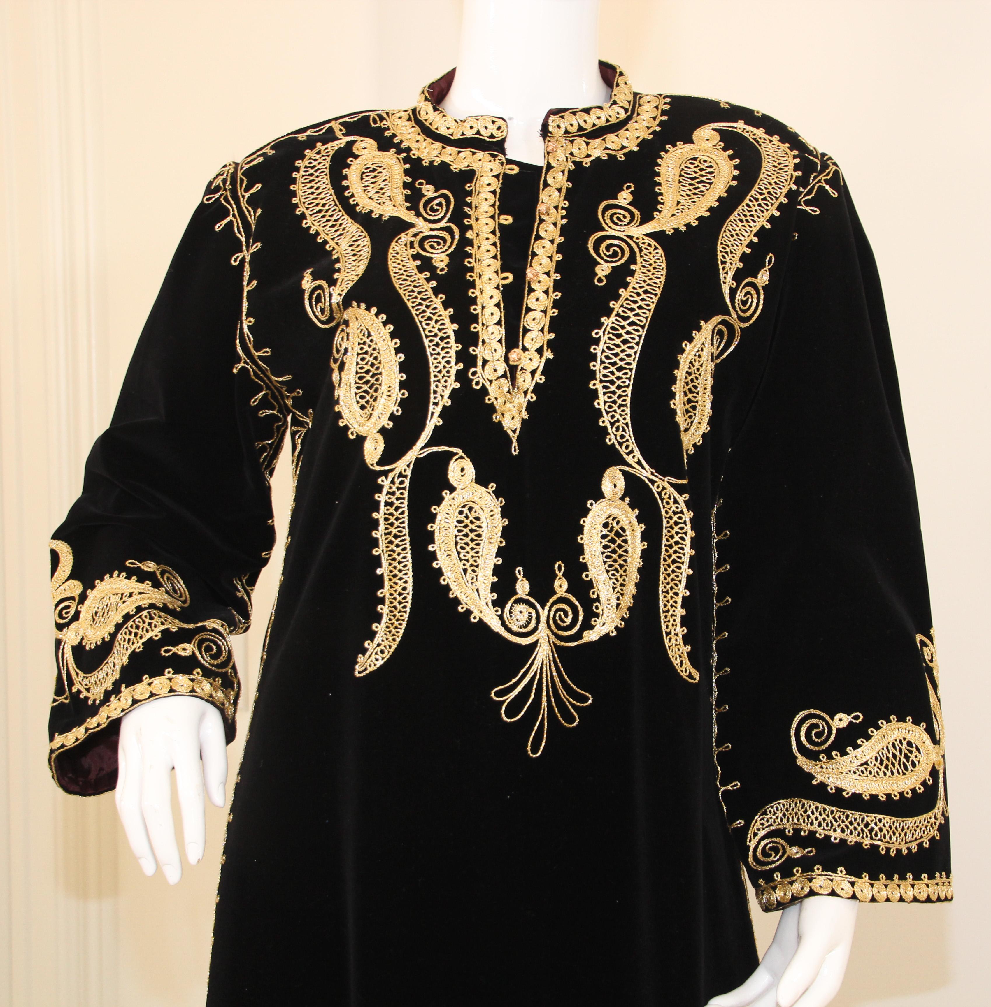 Bohemian Black and Gold Velvet Bindali Vintage Moroccan Caftan Maxi Dress Kaftan