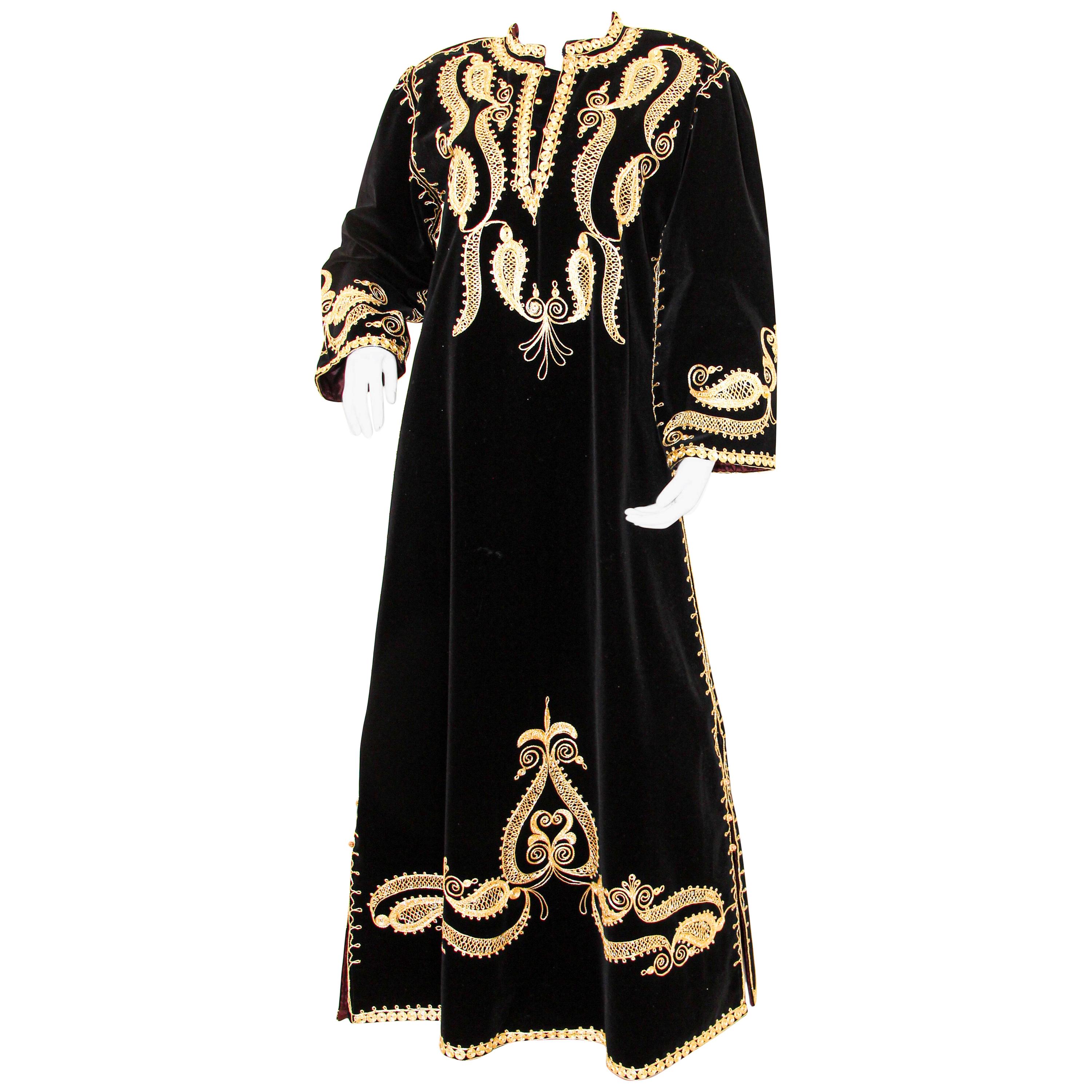 Black and Gold Velvet Bindali Vintage Moroccan Caftan Maxi Dress Kaftan