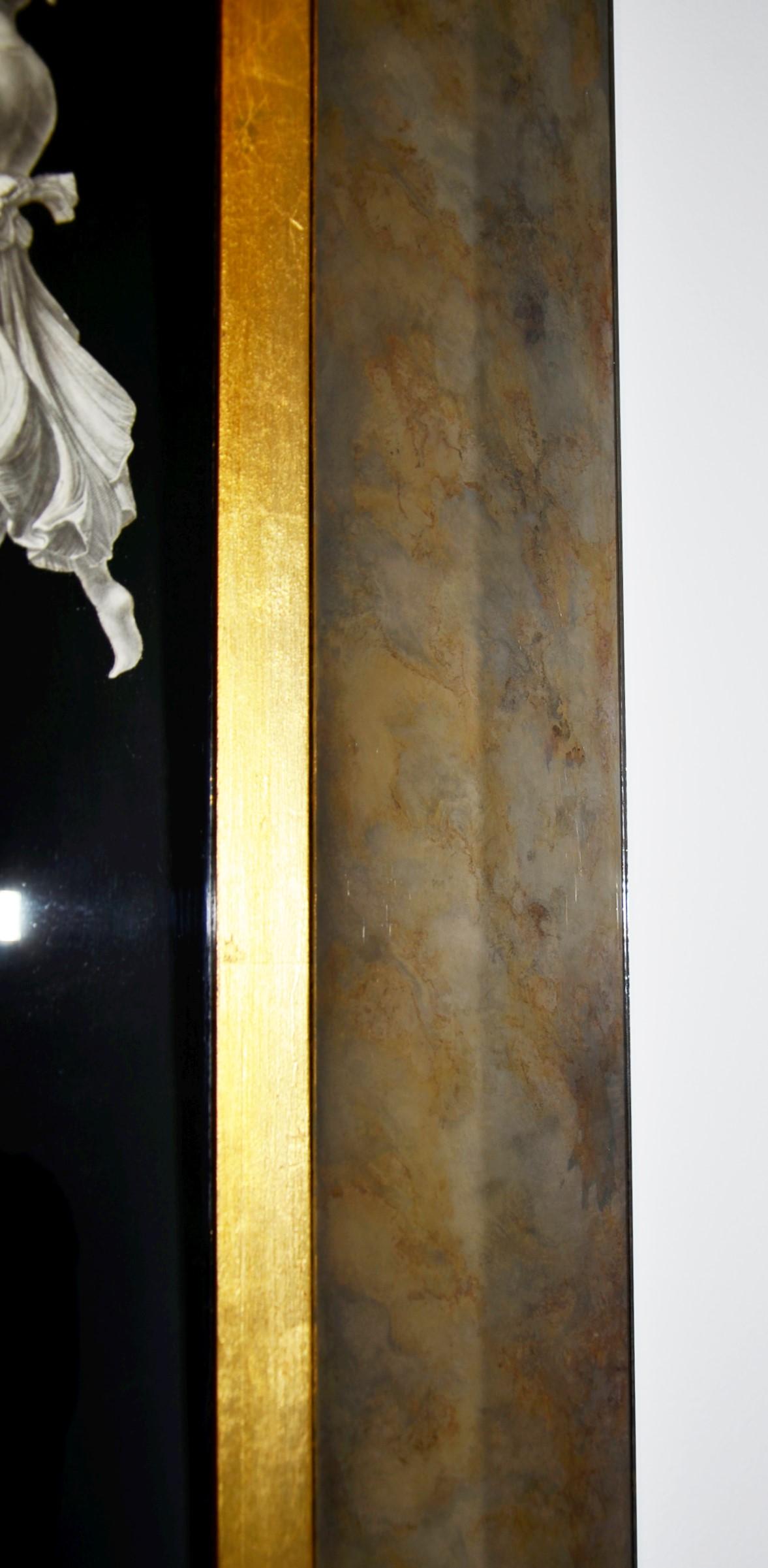 Black and Gold with White Grecian Figures Neoclassical Verre Églomisé Mirror For Sale 3