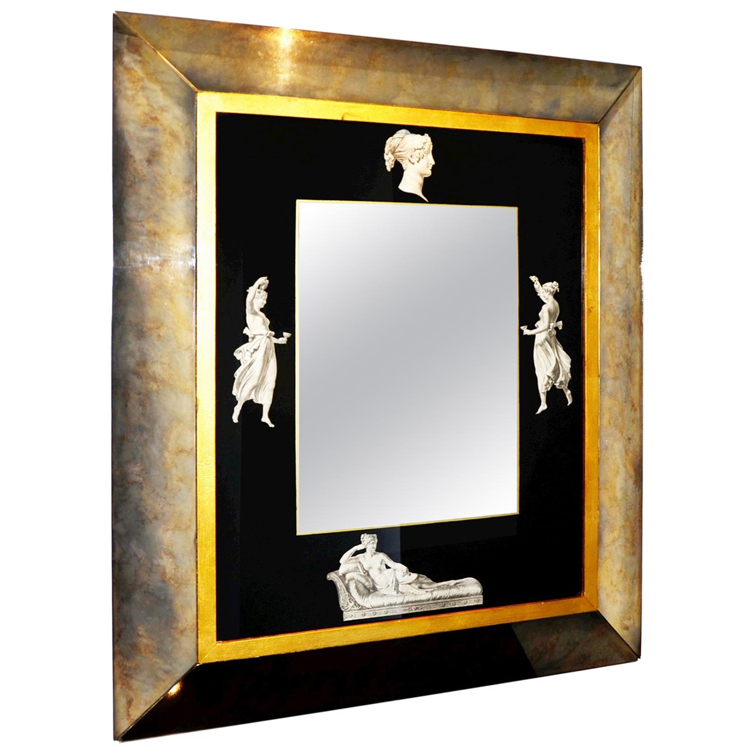 Black and Gold with White Grecian Figures Neoclassical Verre Églomisé Mirror For Sale