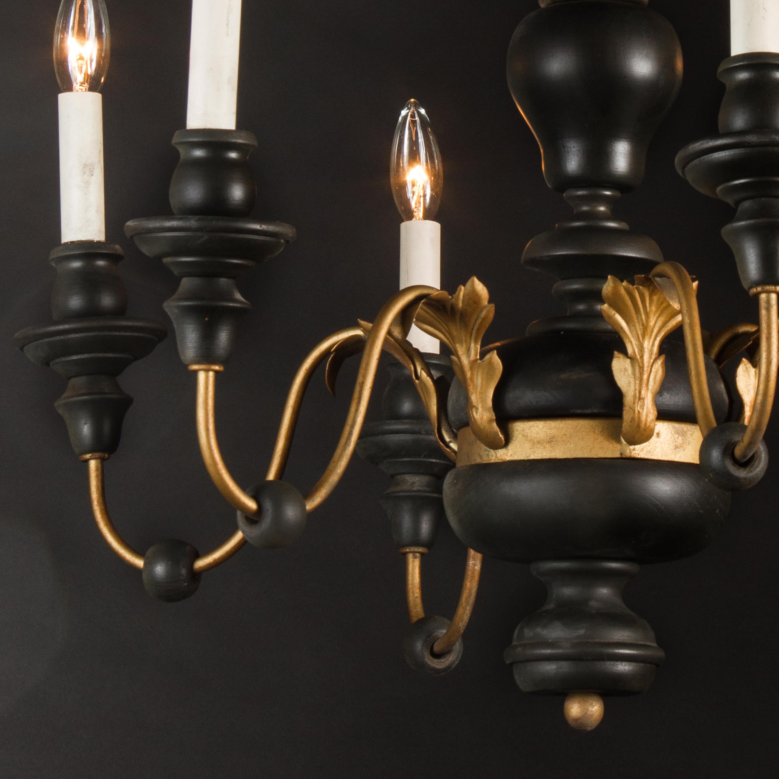 Black and Gold Wood Chandelier with Iron and Tole, Italian Mid-20th Century In Good Condition For Sale In New Orleans, LA