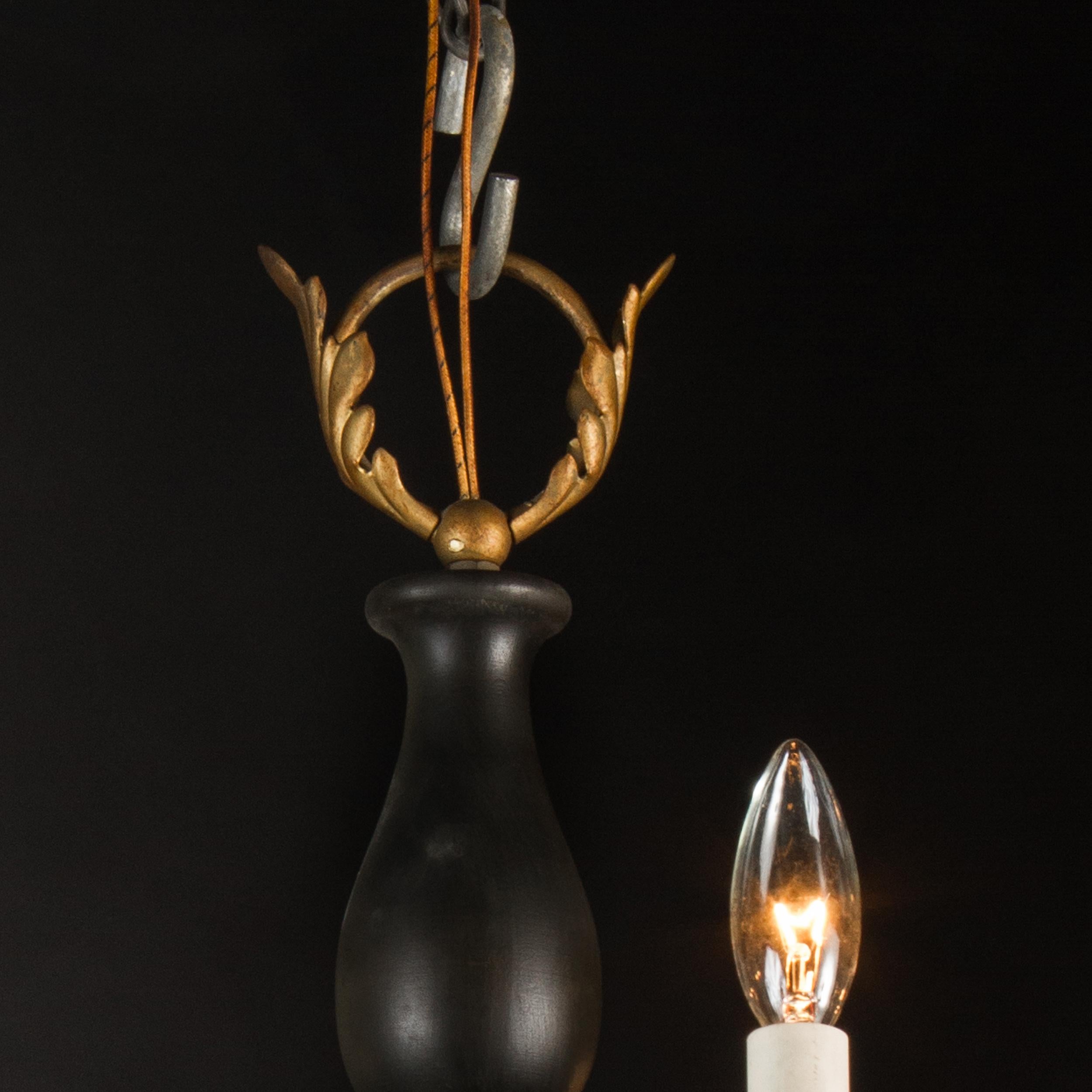 Black and Gold Wood Chandelier with Iron and Tole, Italian Mid-20th Century For Sale 1