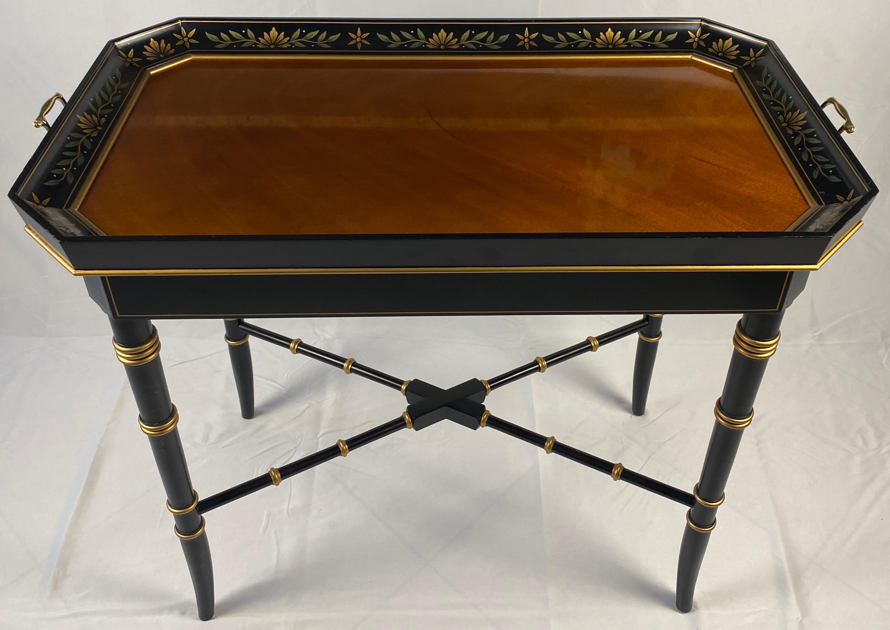 Mid-Century Modern Black and Gold Wooden Tray Table Bamboo Style Legs For Sale