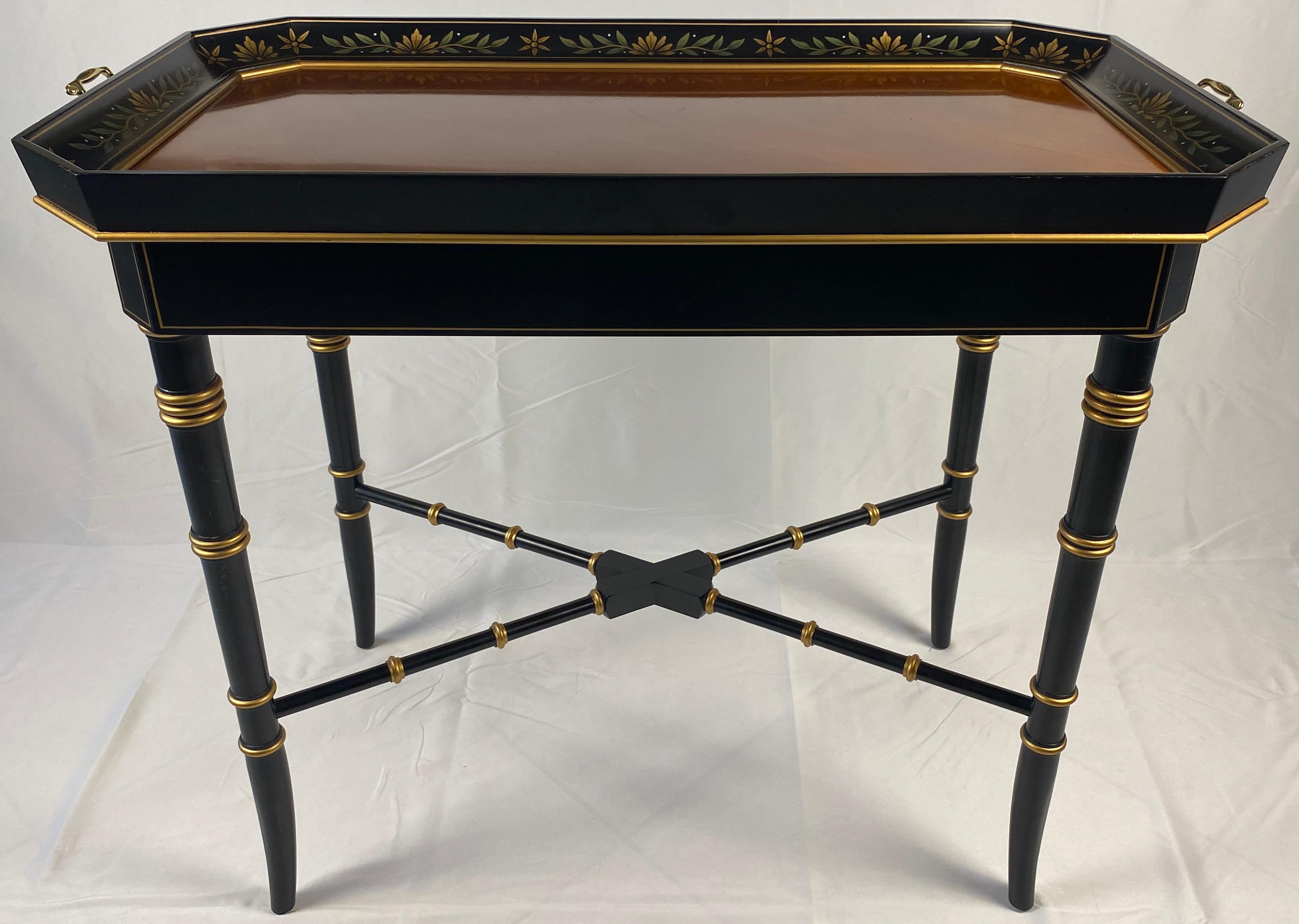 Hand-Painted Black and Gold Wooden Tray Table Bamboo Style Legs For Sale