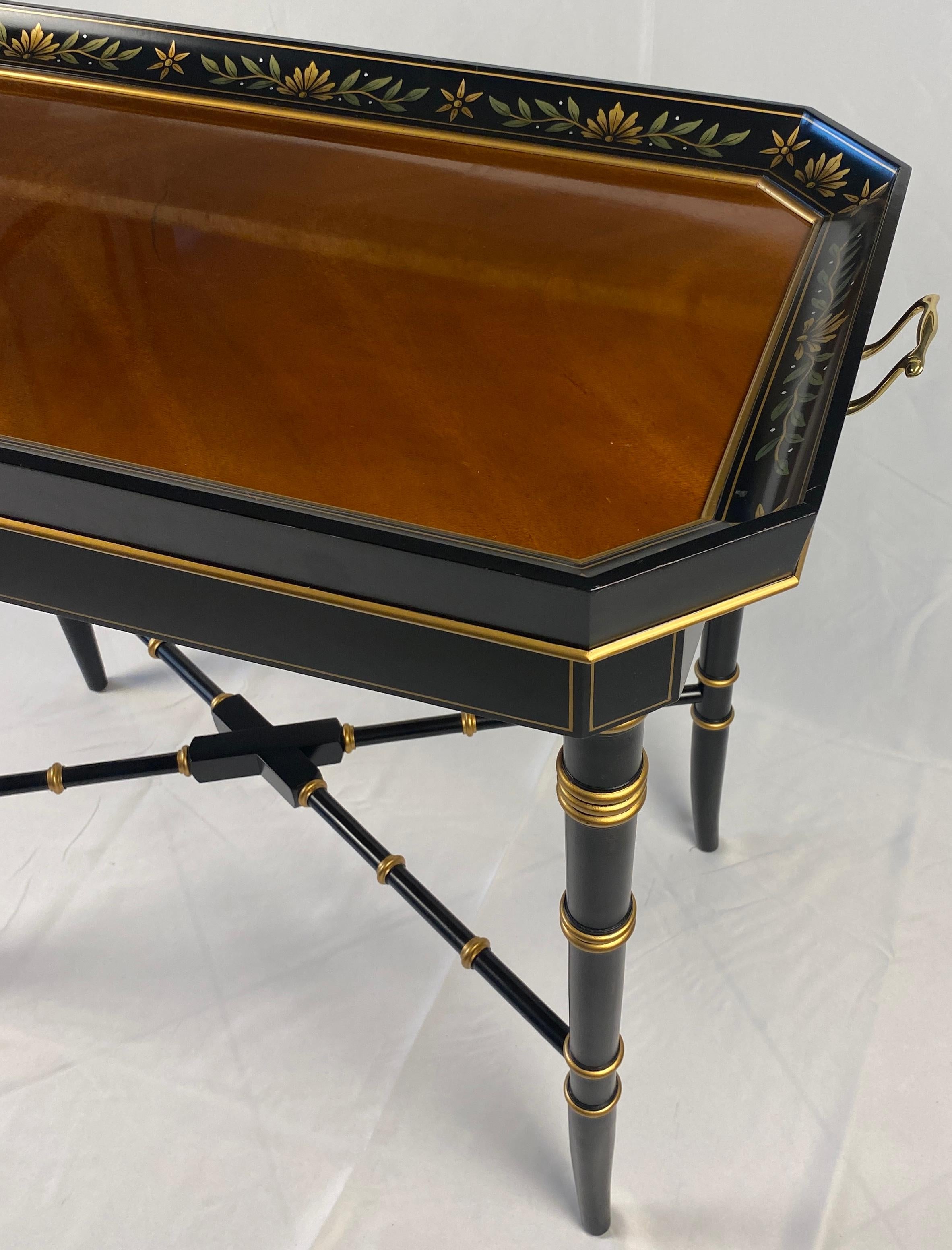 20th Century Black and Gold Wooden Tray Table Bamboo Style Legs For Sale