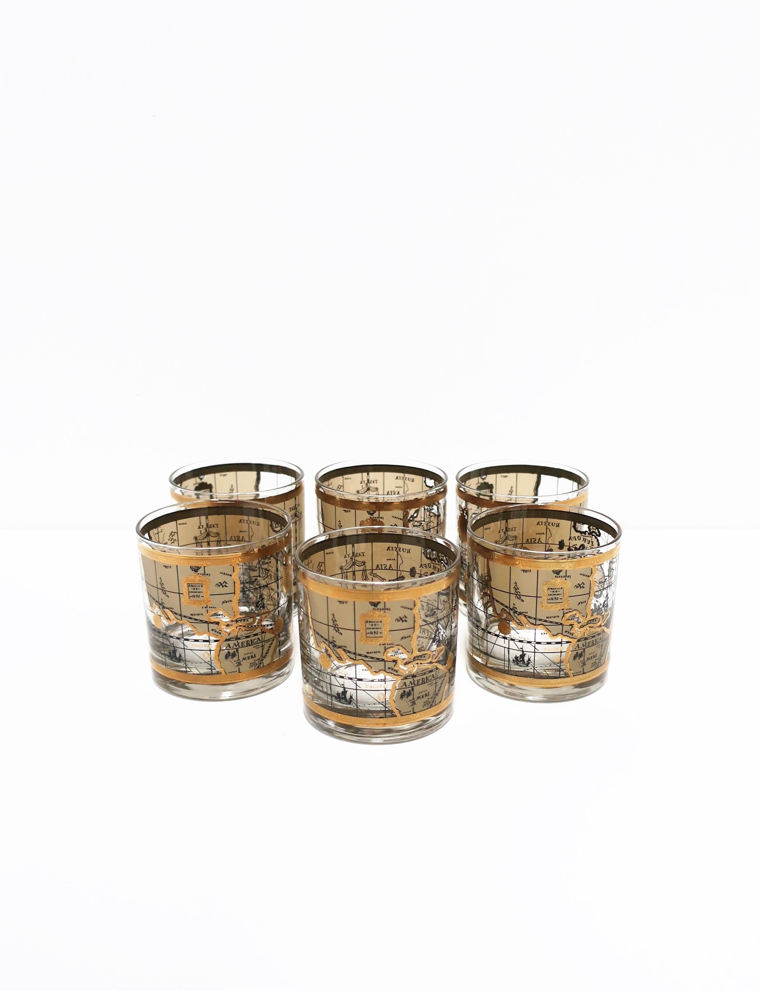 World Globe Rocks' Cocktail Glasses in Black and Gold, circa 1960s, Set of 6 2