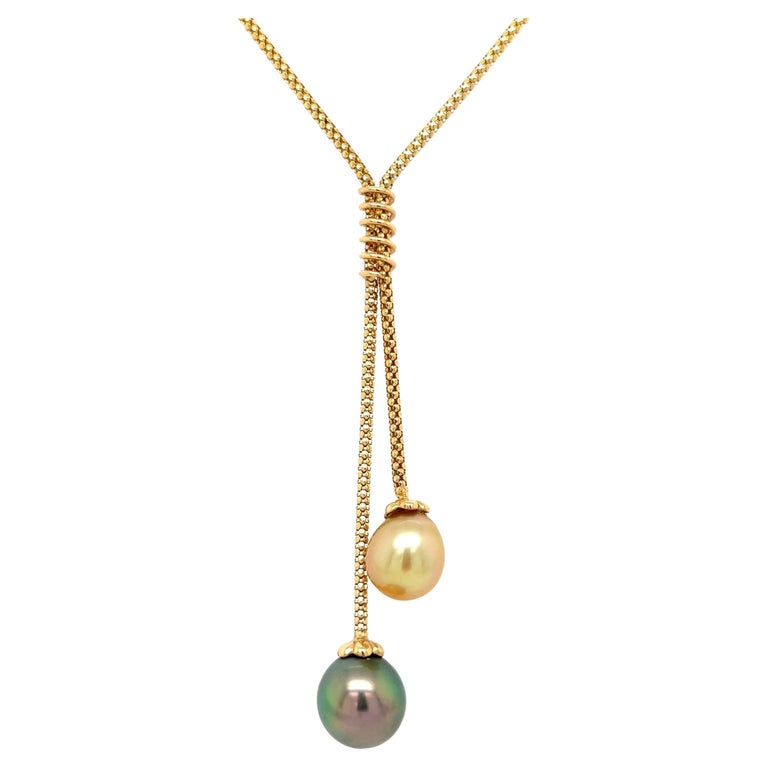 Black and Golden Pearl Double Drop Vintage Gold Necklace For Sale at ...