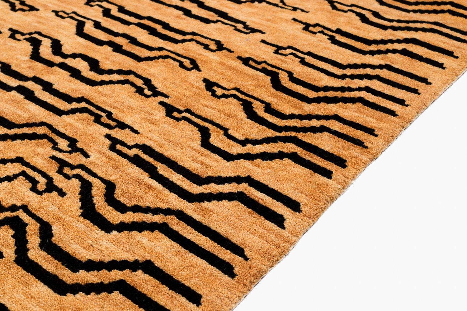 Hand-Knotted Black and Golden Tan Wool Tibetan Tiger Area Rug