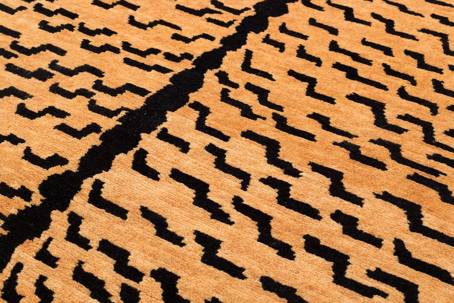 Hand-Woven Black and Golden Tan Wool Tibetan Tiger Area Rug For Sale