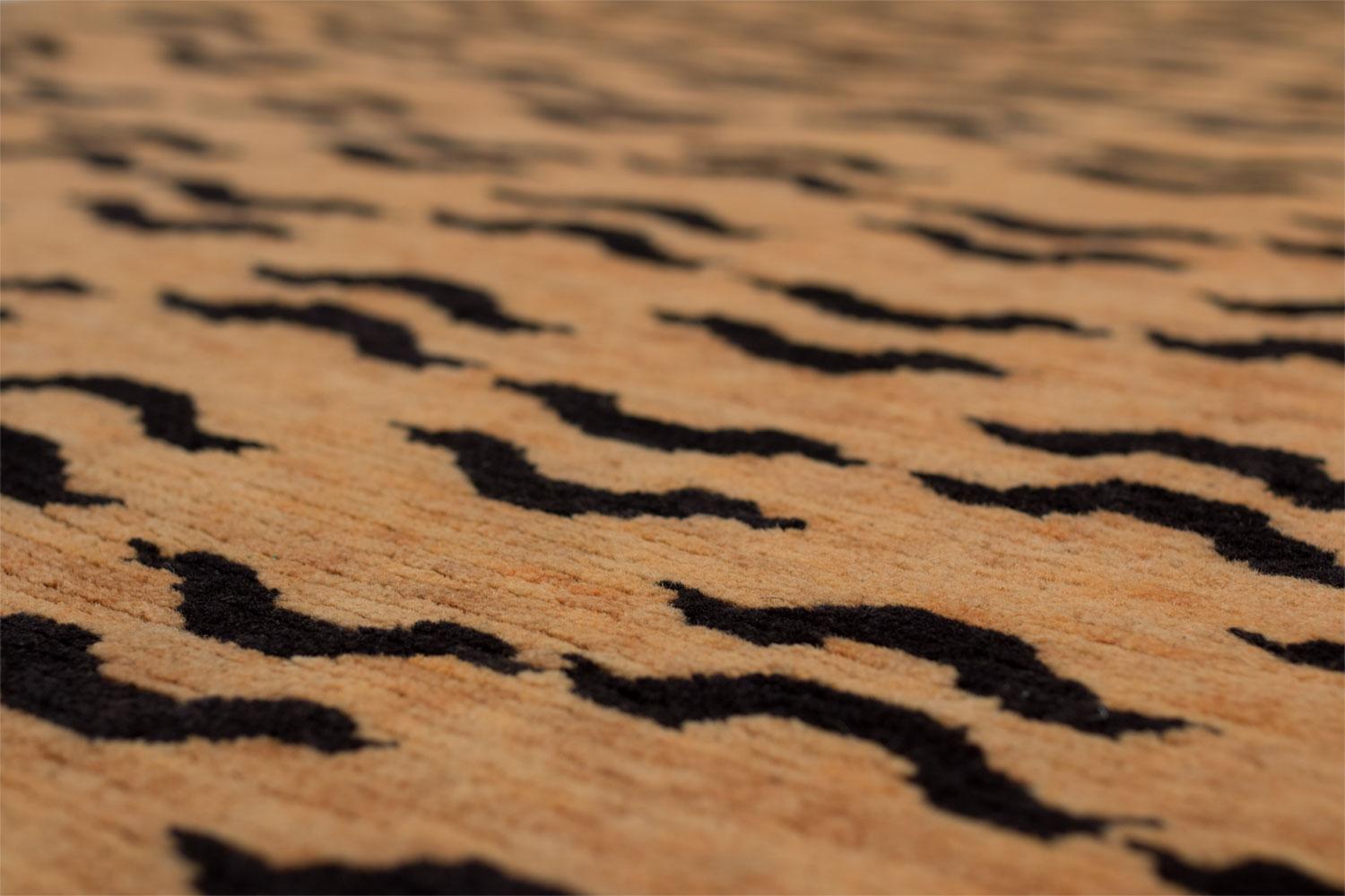 Hand-Knotted Black and Golden Tan Wool Tibetan Tiger Area Rug