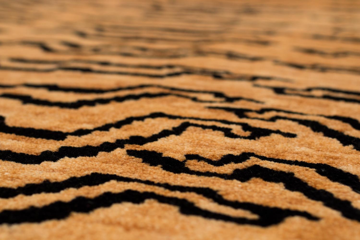 Contemporary Black and Golden Tan Wool Tibetan Tiger Area Rug