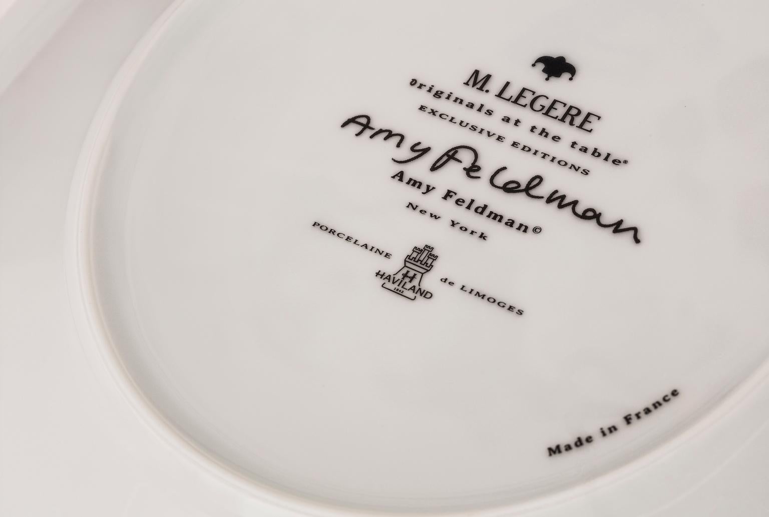 This inky black and silvery gray Limoges porcelain appetizer plate is rendered from artwork created by Brooklyn NYC female abstract Artist Amy Feldman exclusively for M.Legere and is dishwater safe. M.Legere chose Haviland, Limoges France's leading
