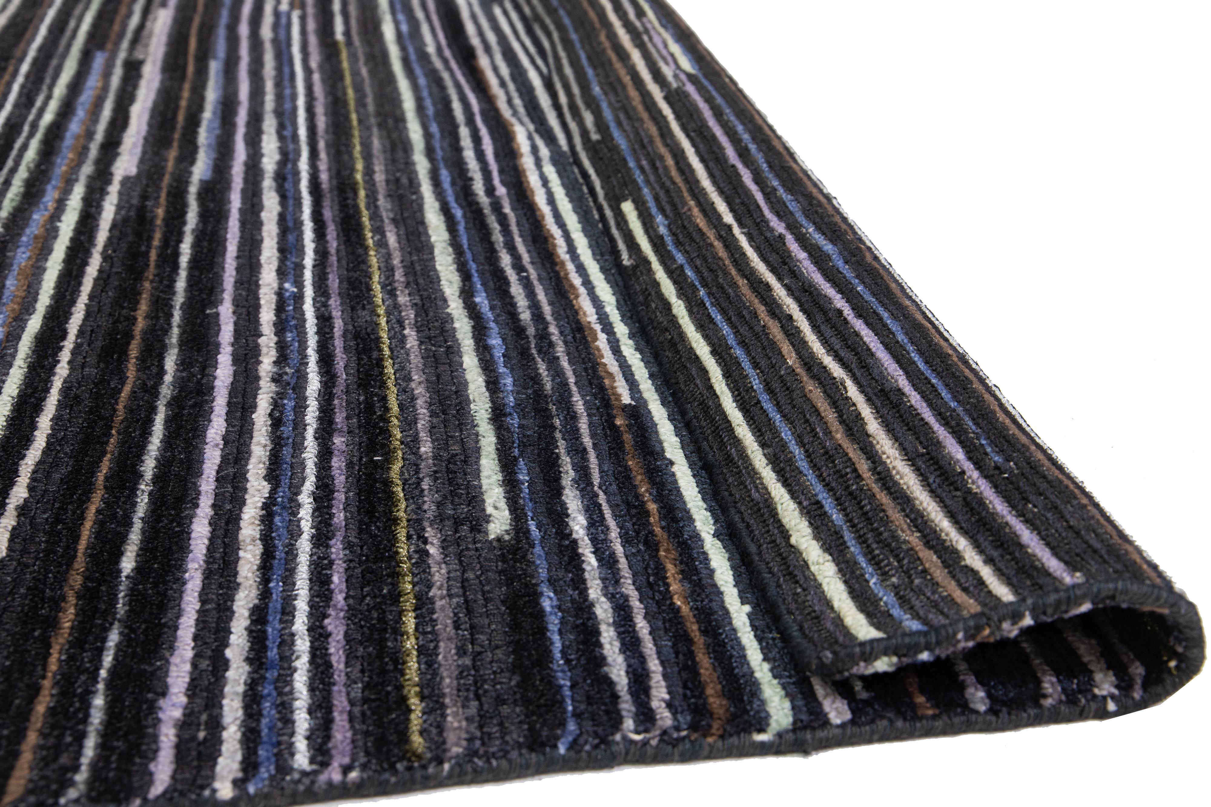 Hand-Knotted Black and Gray Modern Indian Wool Rug Features a Striped Design For Sale