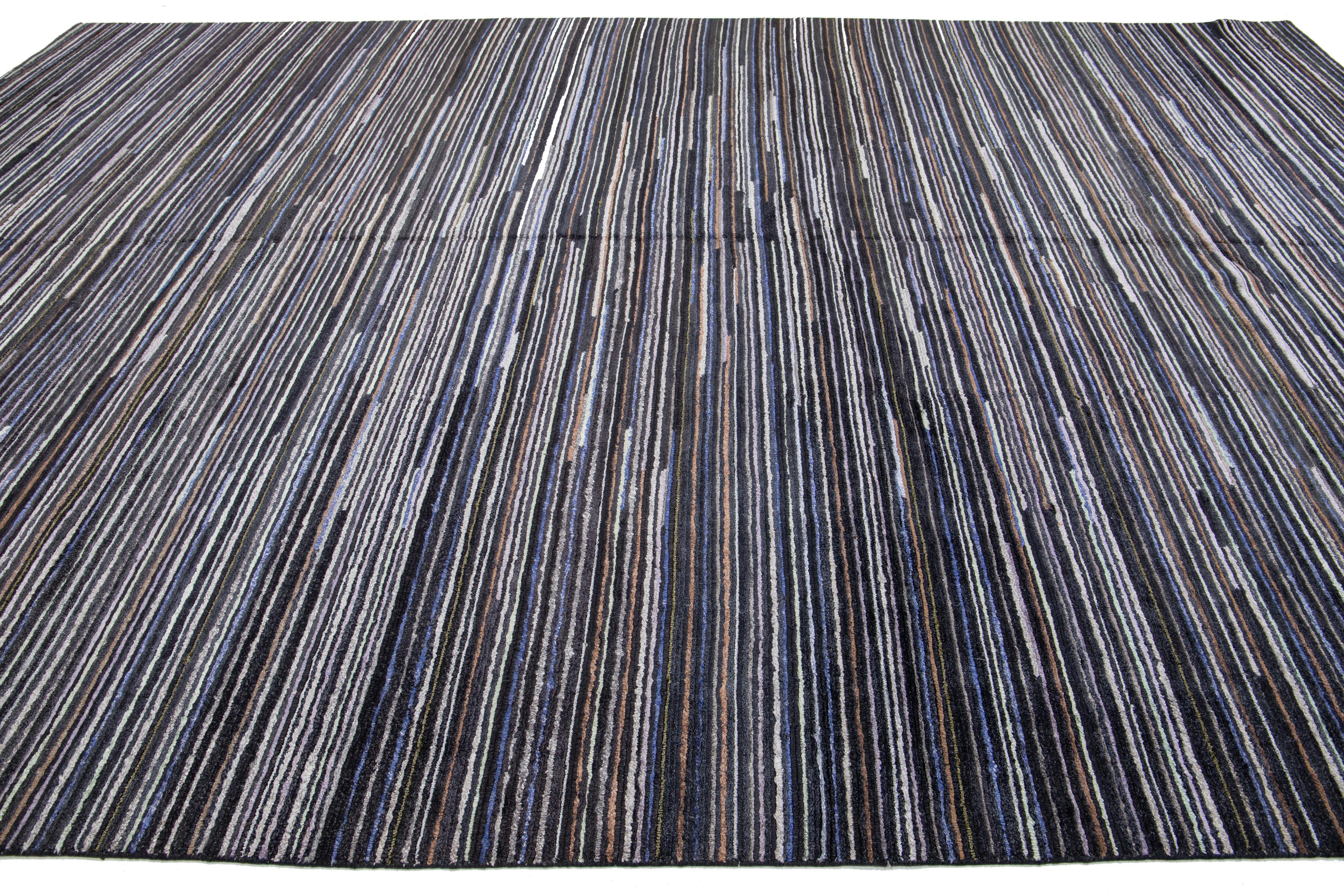 Black and Gray Modern Indian Wool Rug Features a Striped Design For Sale 1