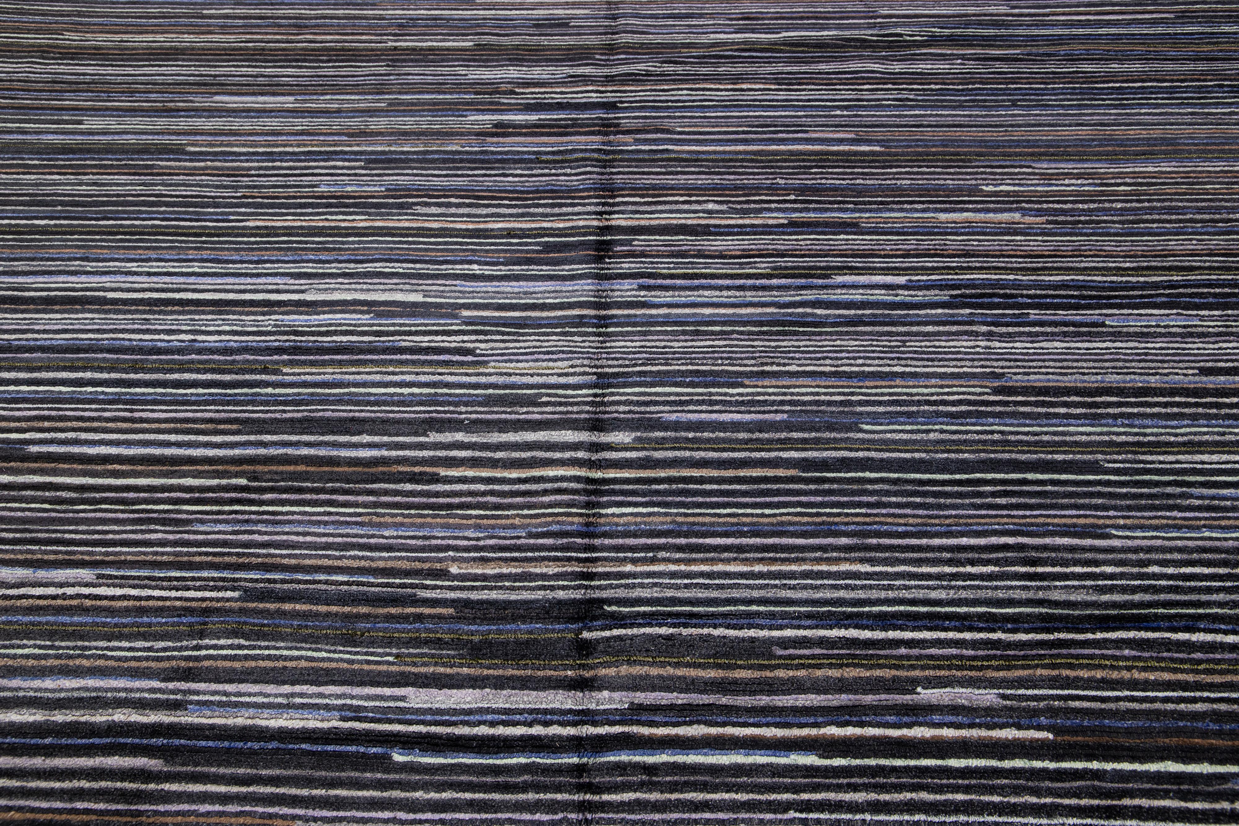 Black and Gray Modern Indian Wool Rug Features a Striped Design For Sale 2