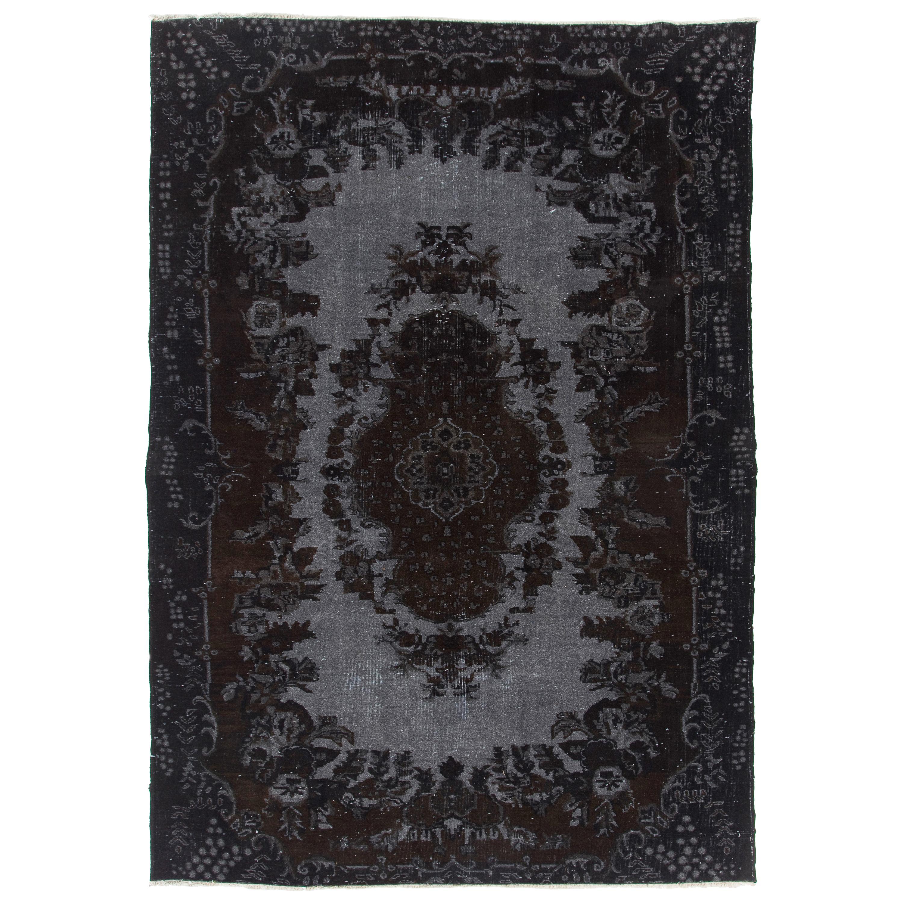 6.7x9.7 Ft Black Over-Dyed Handmade Vintage Turkish Rug with High and Low Pile