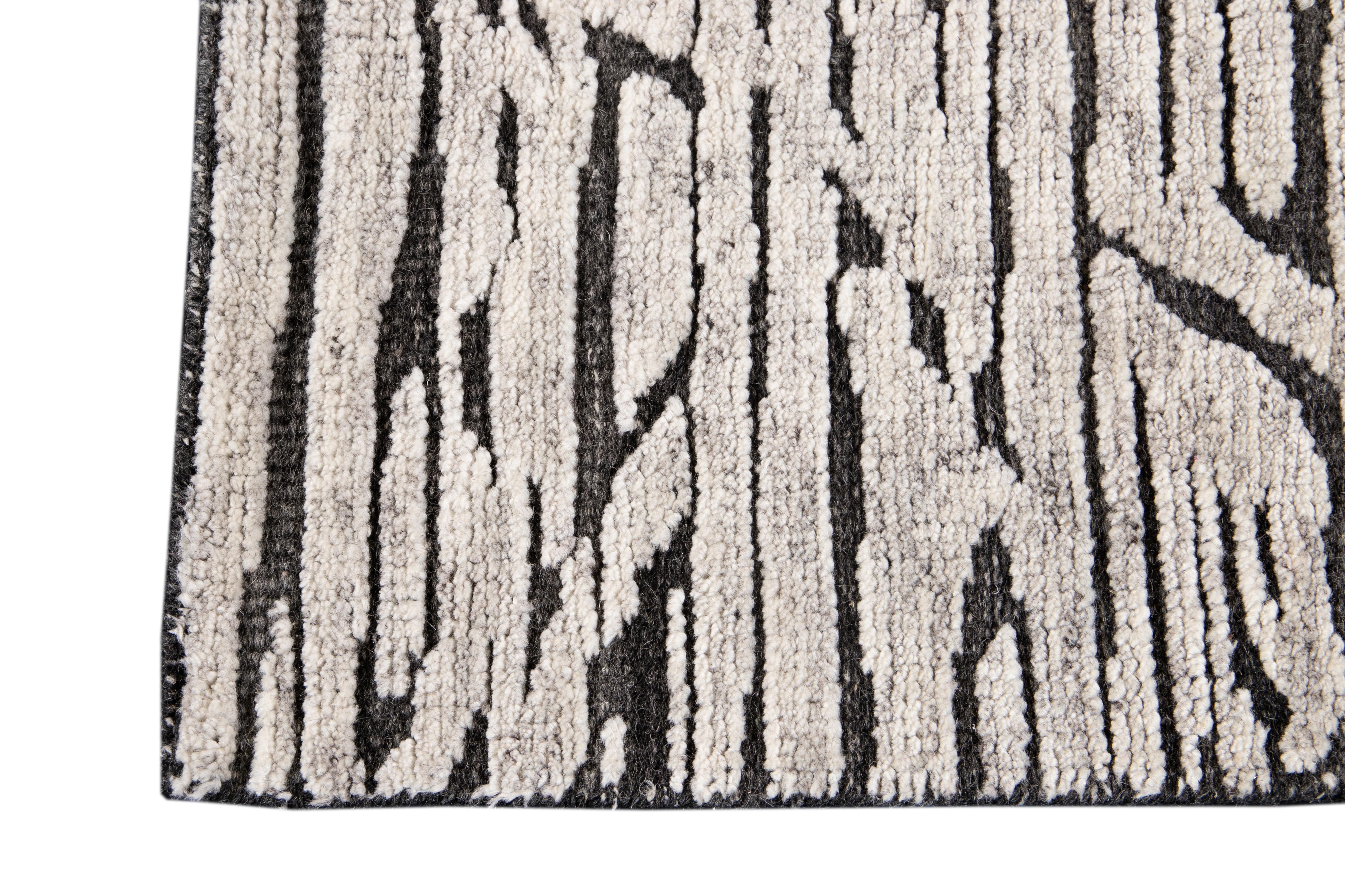 Modern Black and Gray Textured Wool Custom Rug For Sale